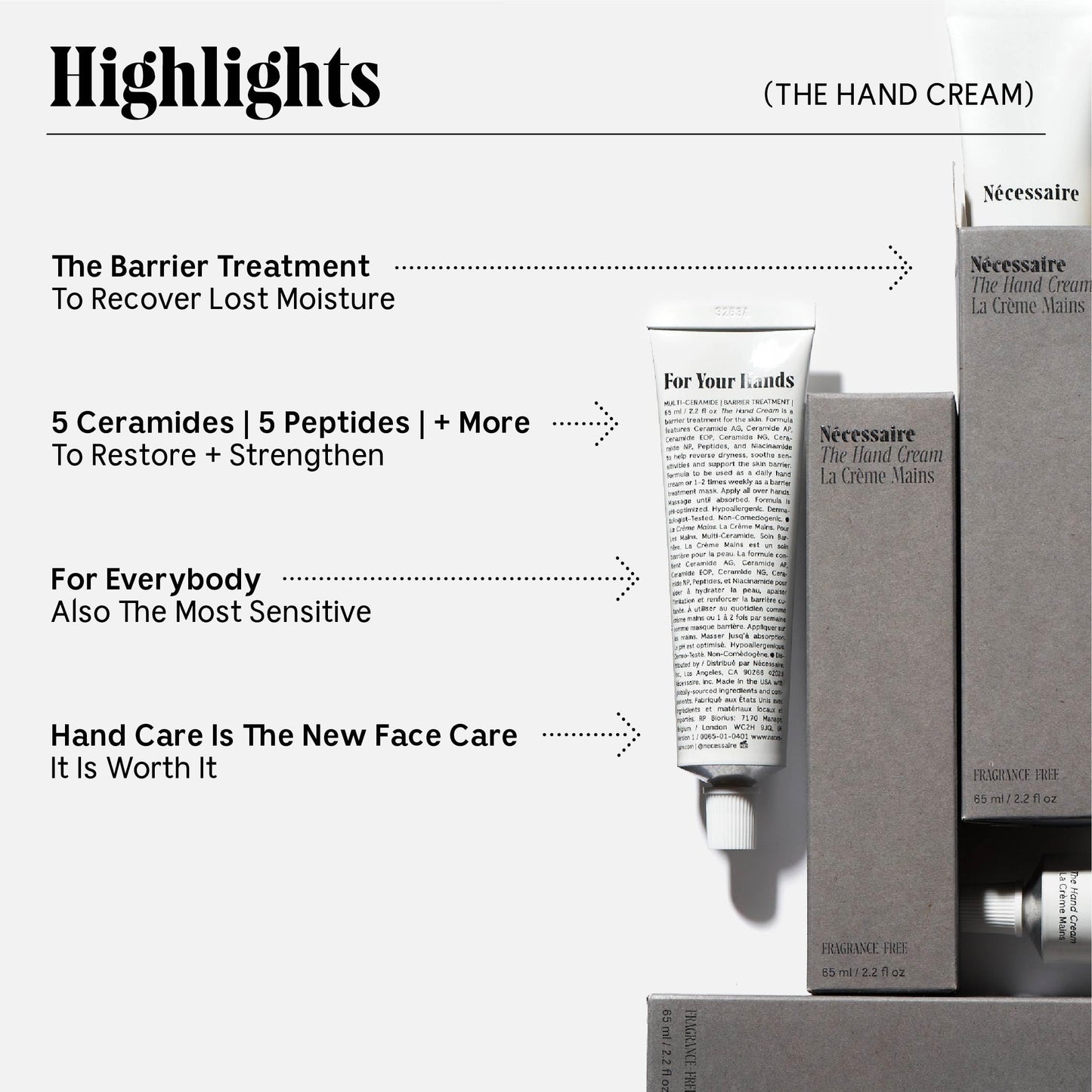 Nécessaire - The Hand Cream for Women & Men with 5 Ceramides & Peptides, Fragrance-Free Hand Lotion, Fast-Absorbing, Non-Greasy. - 2.2 fl oz.
