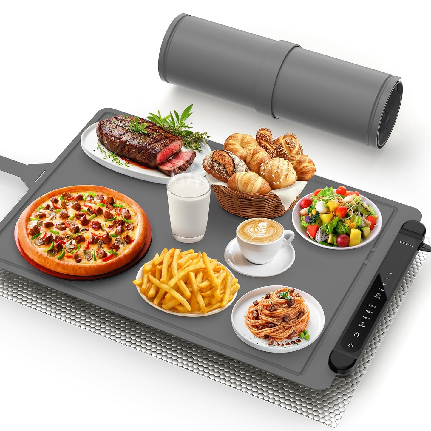 Food Warming Mat Electric Tray: Adjustable Silicone Heating Pad with 3 Temperature Settings 4 Timer Function Portable Roll Up Hot Plate for Buffets Party Gatherings Kitchen Countertop Black Gray