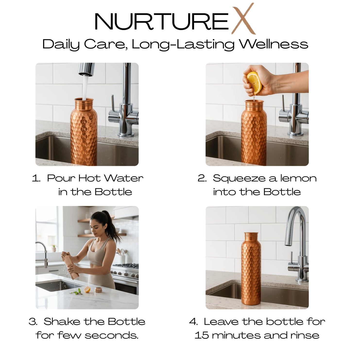 NurtureX Copper Water Bottle, 34 Oz / 1 Liter, ANTI-TARNISH Protective Coating, Leak-Proof, Joint-Free, Handcrafted, Eco-Friendly & Ayurvedic Drinkware for Yoga, Gym & Office - Hammered