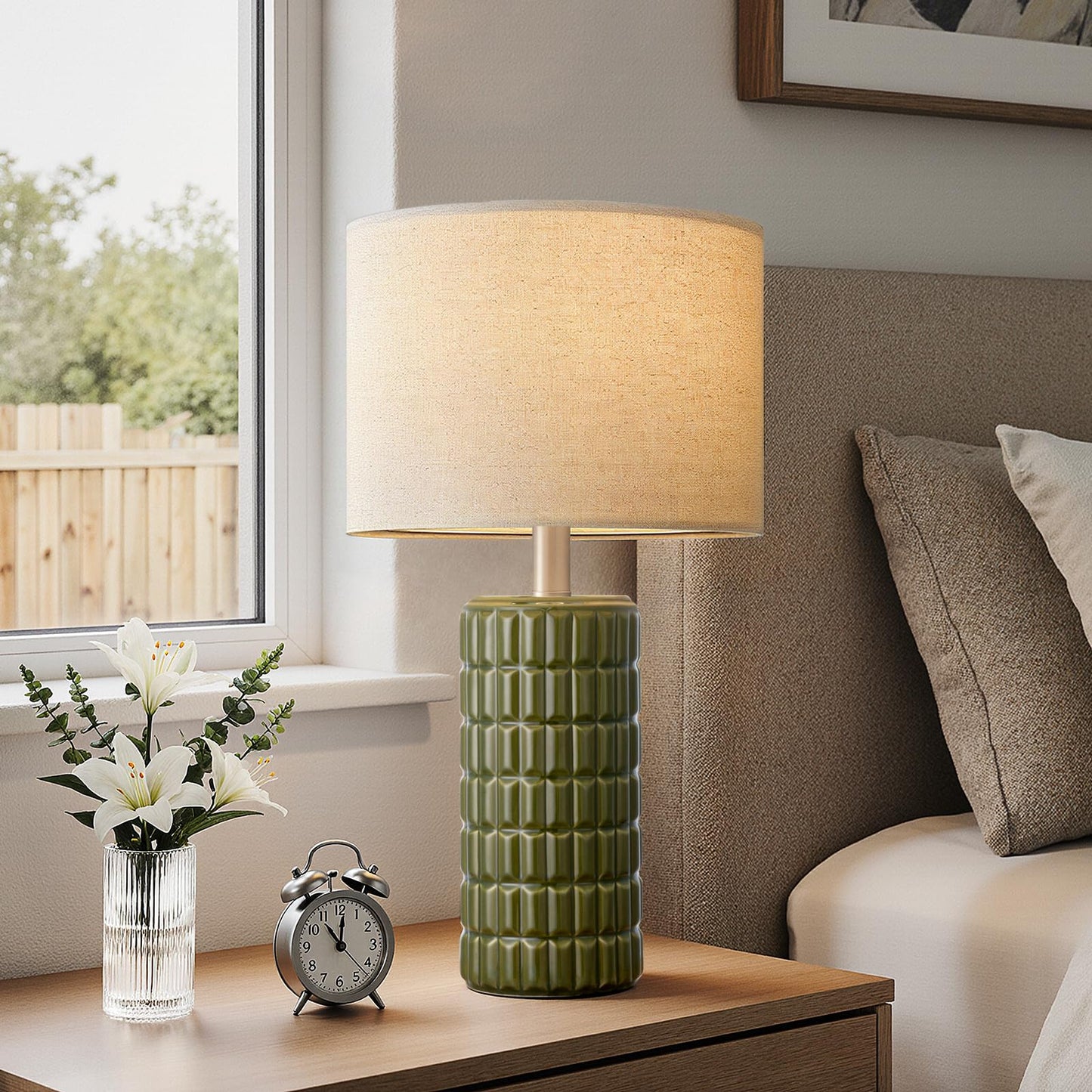 23" Modern Ceramic Table Lamps Set of 2 - Table Lamps for Living room, Farmhouse Bedside Night Stands Lamp for Bedroom, White Boho Nightstand Lamps Set of 2, Desk Lamp for End Table Home Decor(Green)