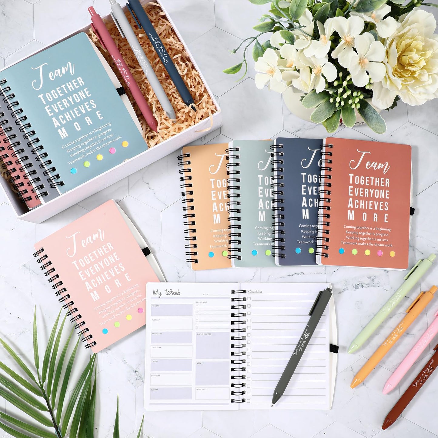 Resurhang 48 Pcs/24 Set End of The Year Teacher Appreciation Gifts Graduation Gift A6 Spiral Notebook with Ballpoint Pen Inspirational Journal for Staff Cna Week Gift(Bright Color,Team Together)