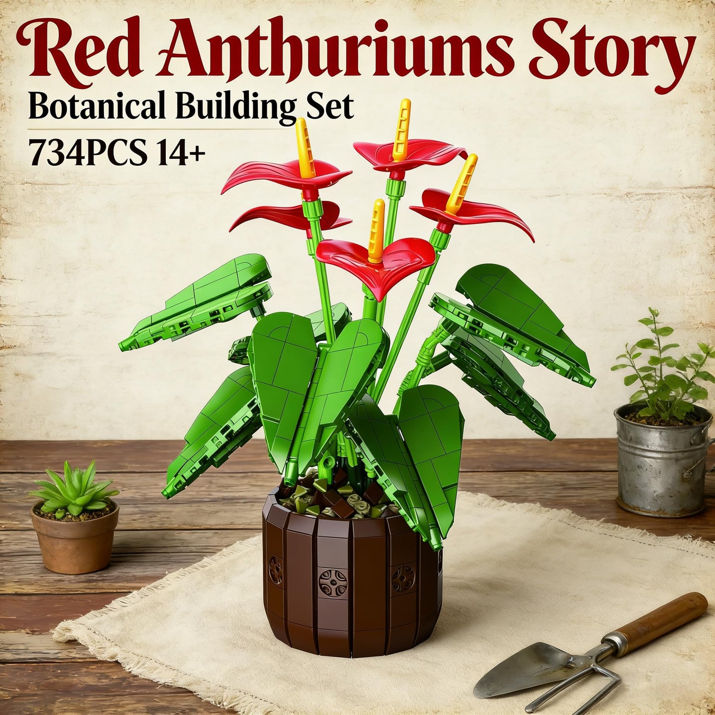 Red Anthurium Flowers Building Set with Vase for Adults, Compatible with Lego Botanicals Collection, Cute Potted Plants Desk Office Décor, Creative Flores Gift for Women Girls Teens 14+, 732 PCS