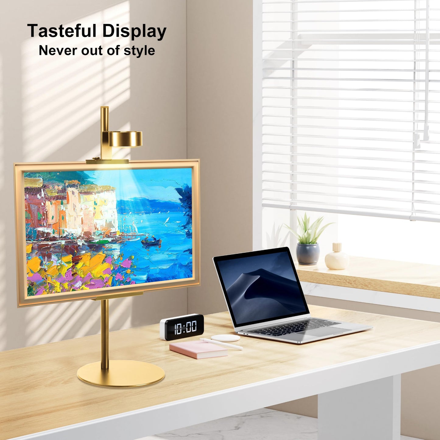 NKJIH Adjustable Desktop Photo Frame Stand with Magnetic Wall Painting Light, Holds Picture Frames up to 30 Inch,with Rechargeable Battery,Metal Vertical Stand with 3 Color Temperature & 13RGB Poster Lights, for Displaying Picture Frames, Artworks (1 Pack