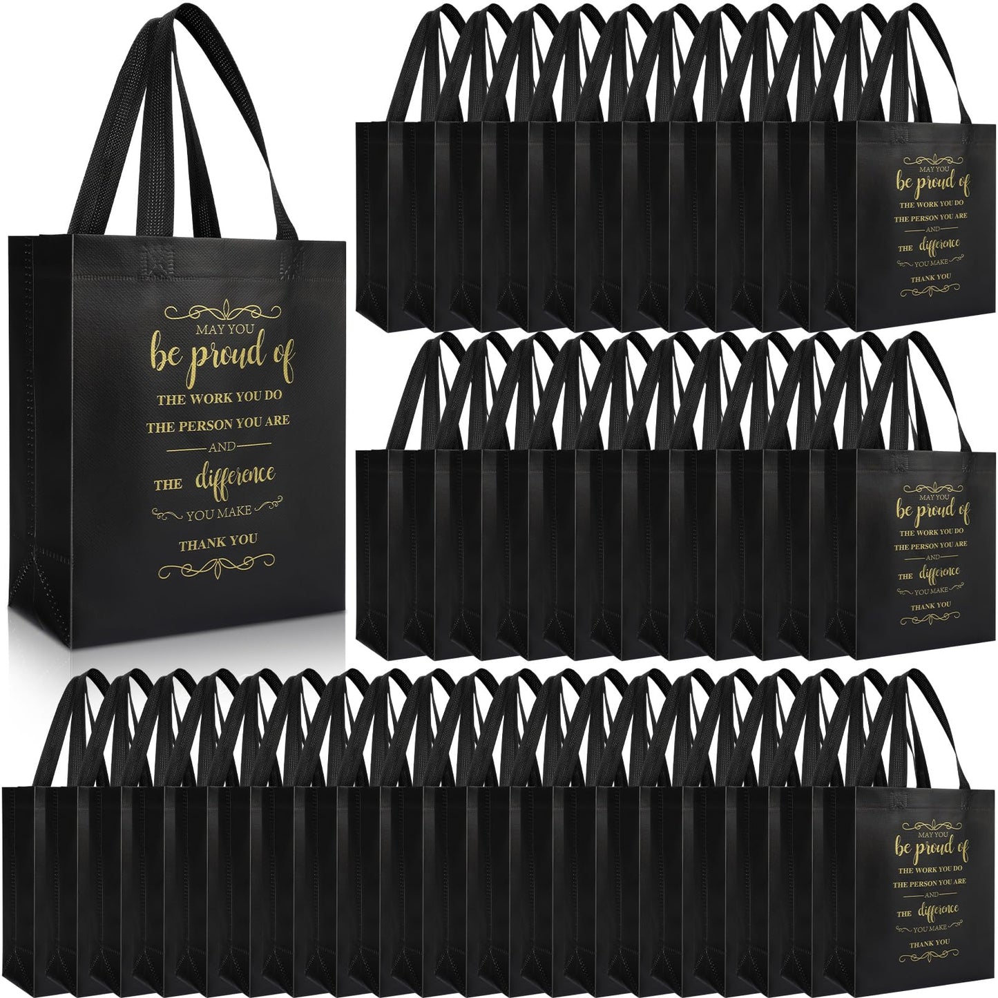 Paterr 100 Pcs Employee Appreciation Gift Bags Bulk 10 x 8 x 4'' Non Woven Thank You Gifts Tote Bags with Handle Inspirational May You Be Proud Gift for Colleague Teacher Doctor(Black)