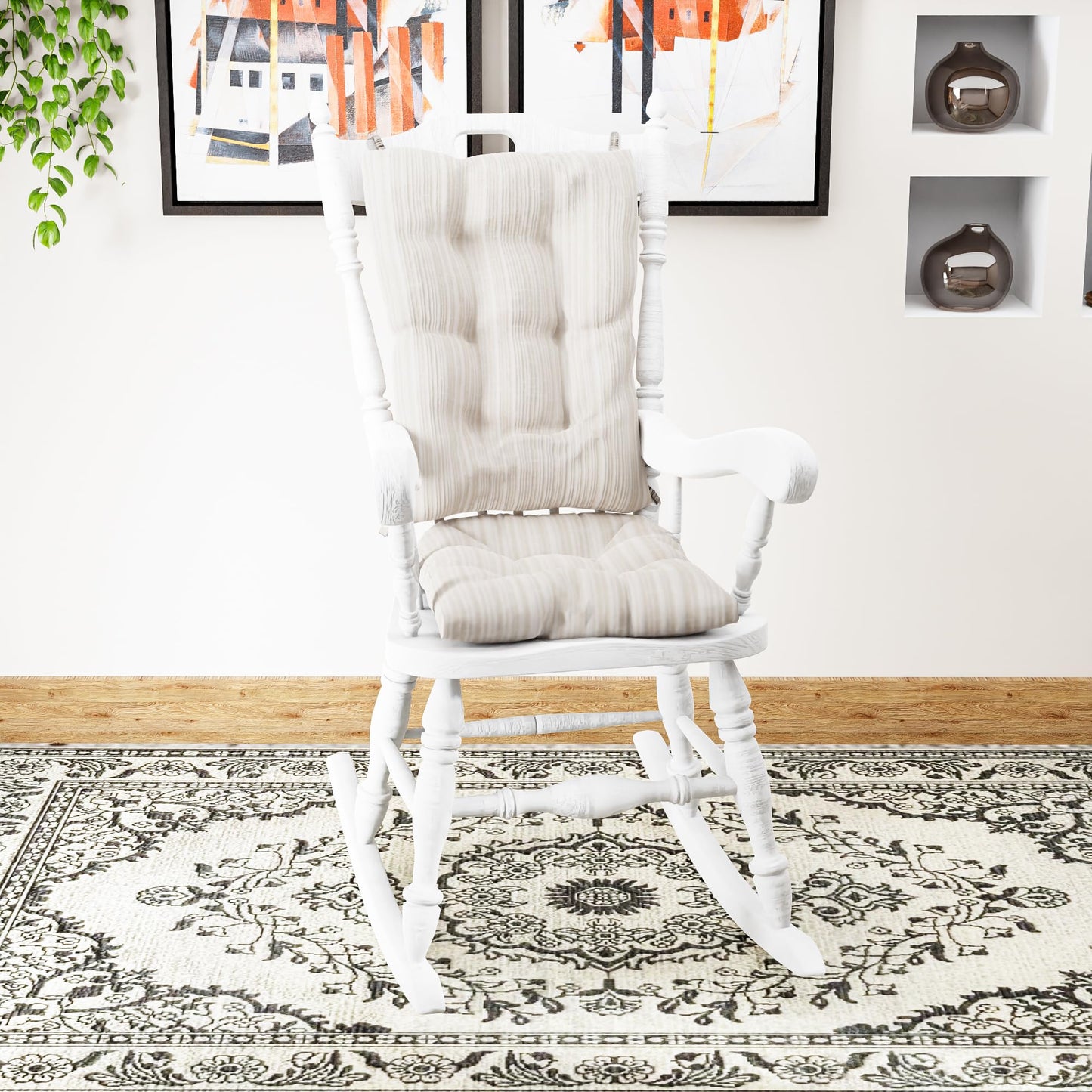 Klear Vu The Gripper Non-Slip Rocking Chair Cushion Thick, Includes Seat Pad & Back Pillow with Ties for Indoor Living Room Rocker, 17x17 Inches, 2 Piece Set, Cream