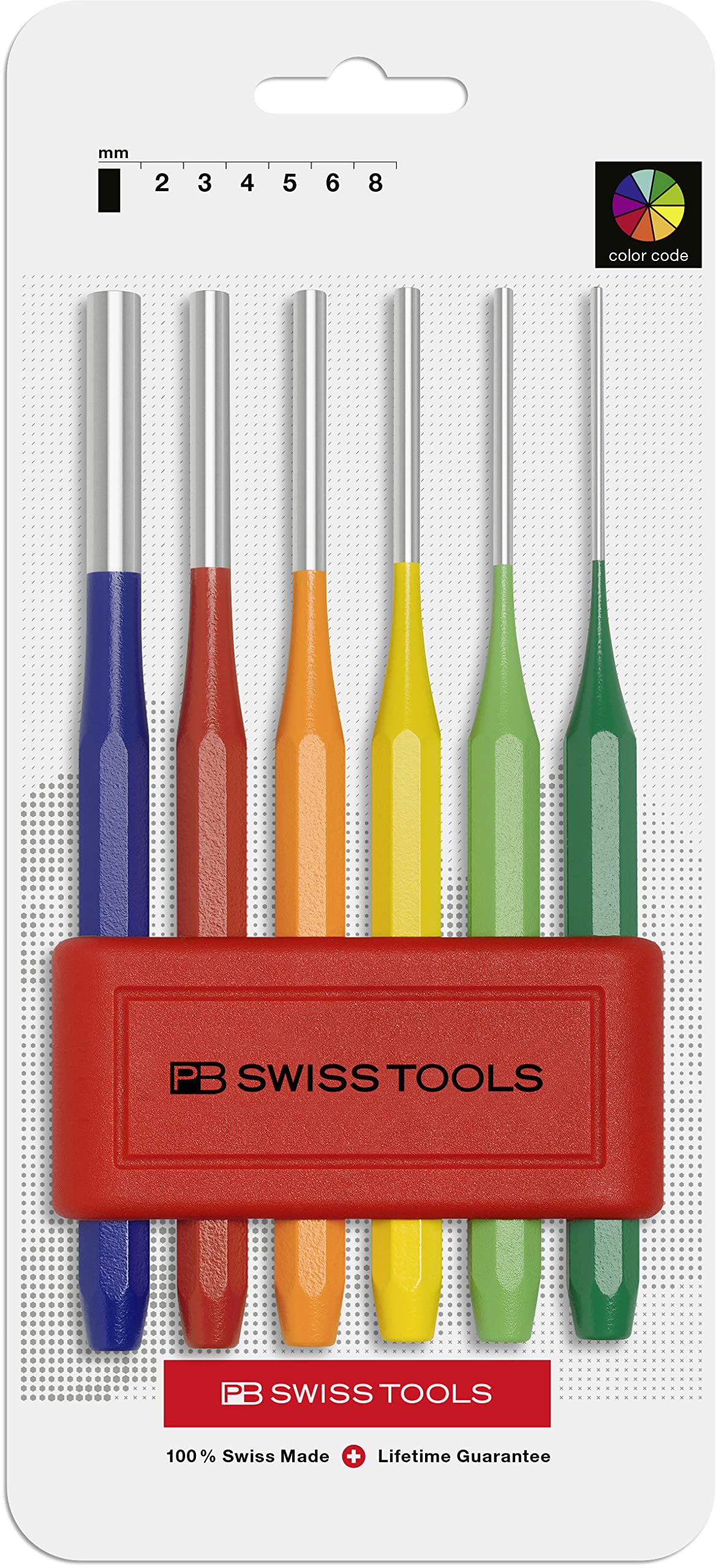 PB Swiss Tools Pin Punch Set PB 755.BL RB CN | 100% Swiss Made | 6-Piece Drift Punch Set RainBow Color Coded, in Practical Holder