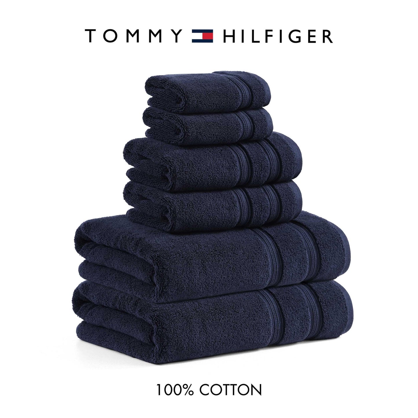 Tommy Hilfiger - Bath Towels, Ultra-Soft & Quick Drying with Zero Twist, 600 GSM Bathroom Towels with Iconic Flag Accent (Harborside Solid Navy, 6 Piece)