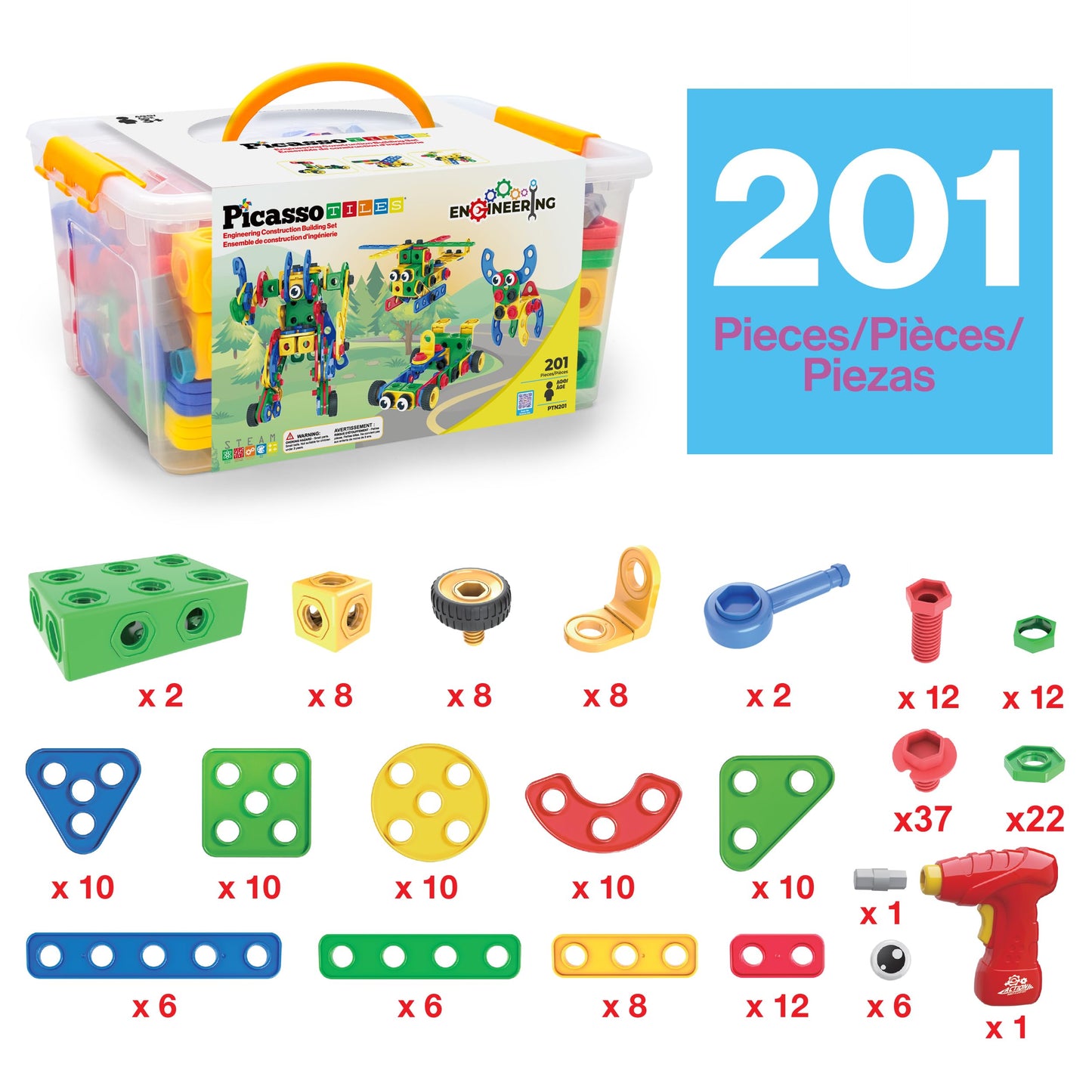 PicassoTiles STEM Learning Toys 201 Piece Building Block Kids Construction Engineering Kit Toy Blocks Children Early Education Playset w/Free IdeaBook, Power Drill, Clickable Ratchet, Age 3+ PTN201