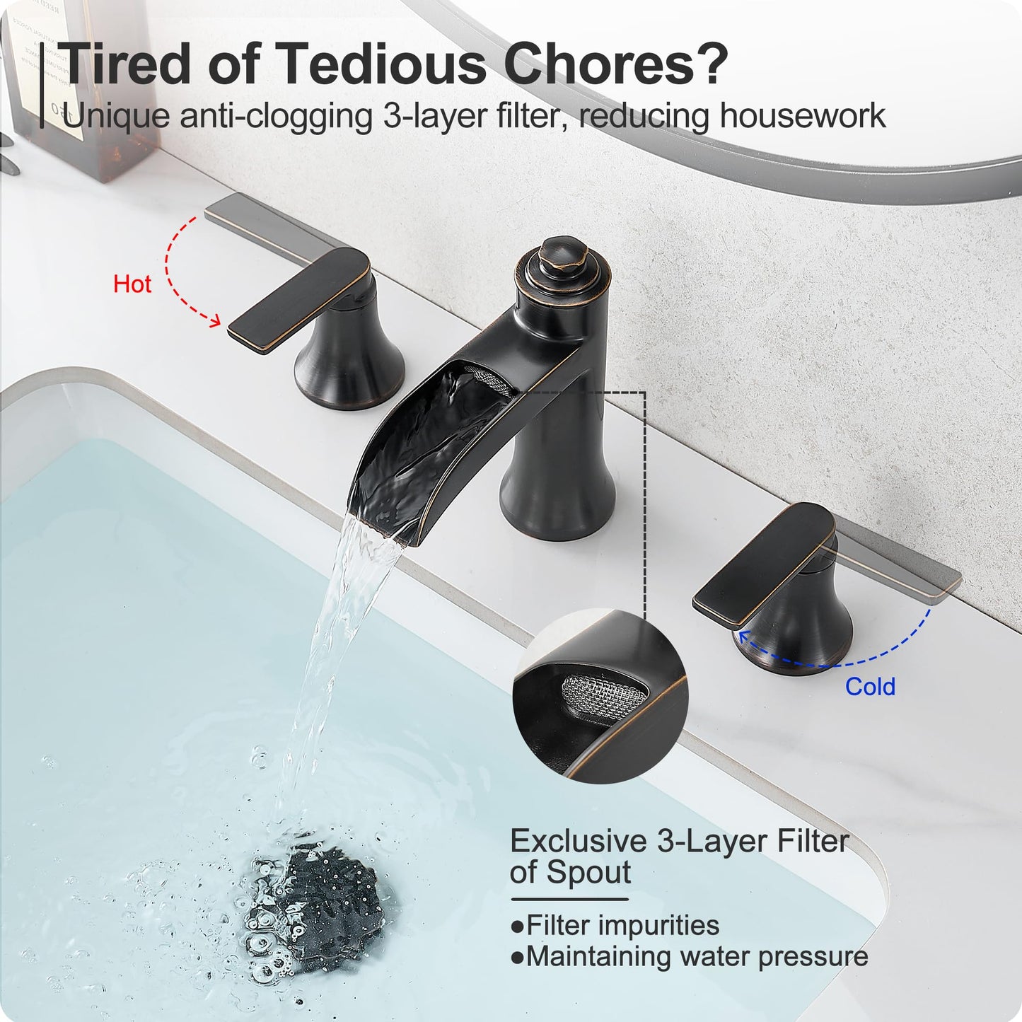 HEYMYTAP Waterfall Bathroom Faucets 3 Hole, 8 Inch Brass Oil Rubbed Bronze Bathroom Faucet, 2 Handles Bathroom Sink Faucet, Widespread Faucet for Bathroom Sink with Pop-up Drain & Hose