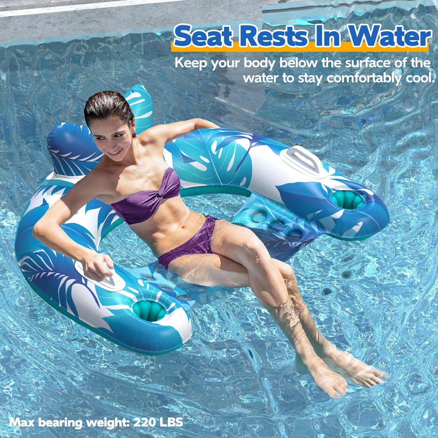 KEUCL Pool Floats, 3 Pack Inflatable Float Chairs with Cupholders & Handles, Pool Floats Adult & Kids Perfect for Pool Lake & Rivers, Pool Toy Party, Relaxing Inflatable Chair for Swimming Pool