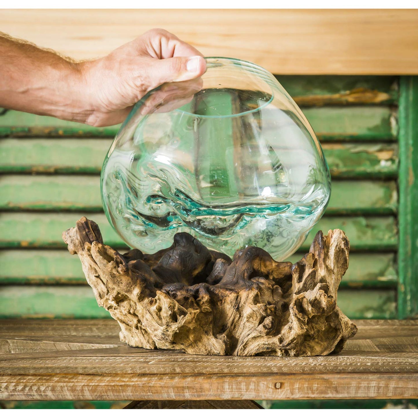 Cape Craftsmen 10" H Hand-Blown Blue Tinted Bubble Glass On Natural Teak Driftwood Terrarium | Home Décor Indoor Planter with Stand | Pot for Succulent and Plants