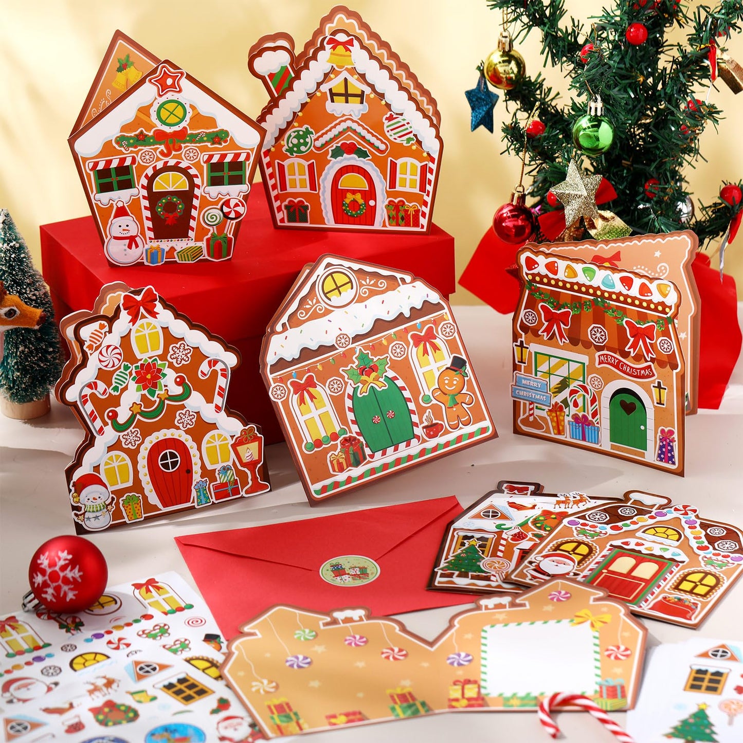 Moinchore 32 Pack Christmas Cards Gingerbread House Crafts DIY Cards with Envelopes Christmas Gingerbread Crafts Kit Christmas Greeting Cards Xmas Stickers Cards DIY for Kids Christmas Party Supplies