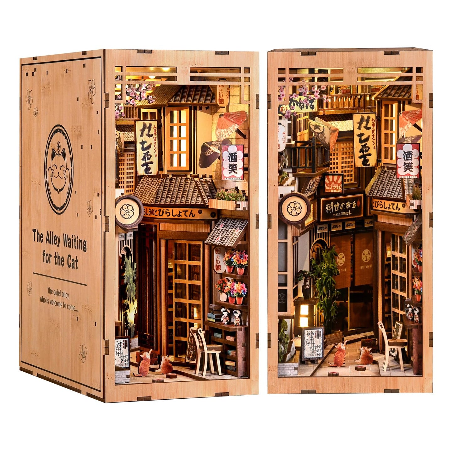 Soothee DIY Book Nook Kit, Japanese Alley Waiting for the Cat Theme, Wood Miniature Model with LED Lights, 3D Puzzle for Adults