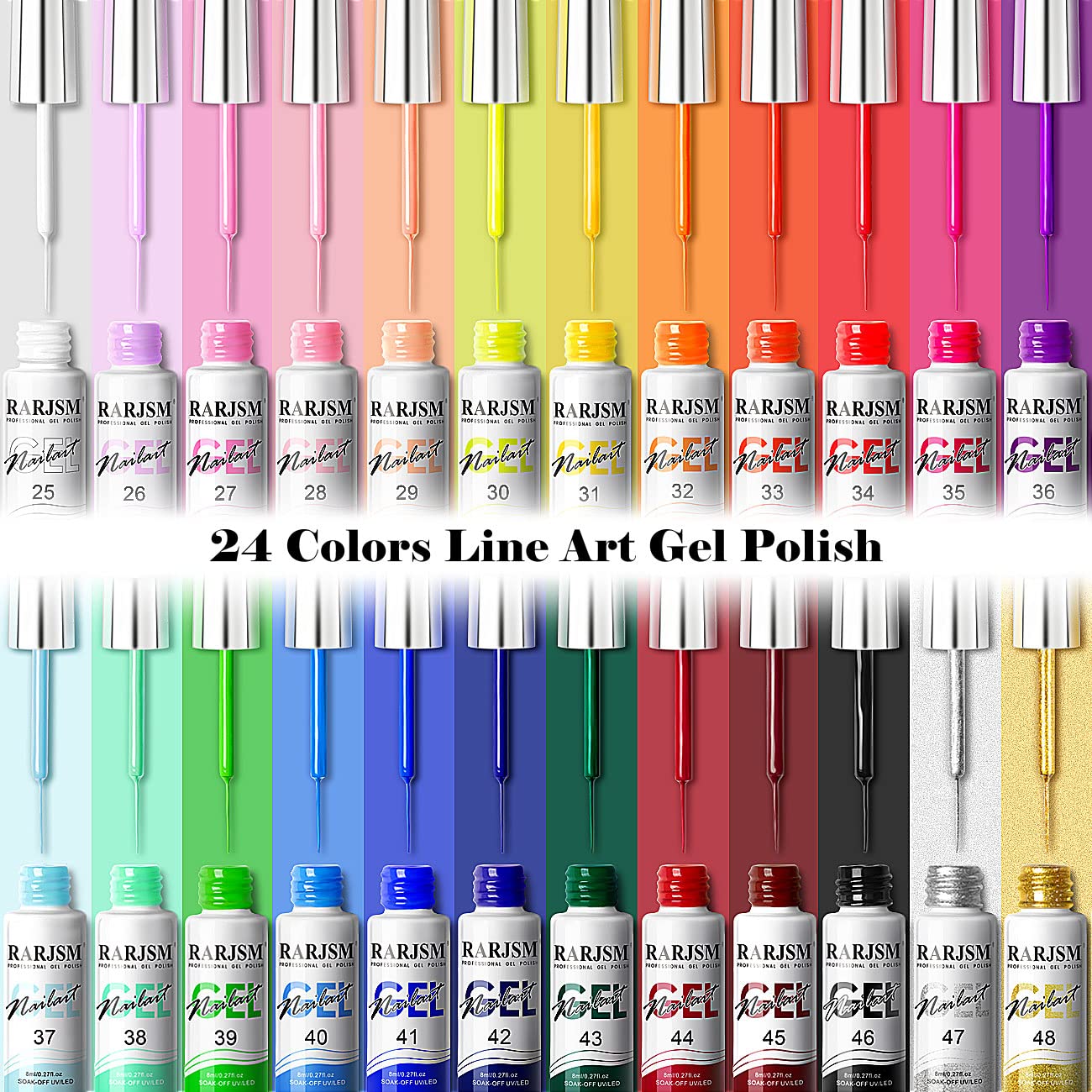 RARJSM Nail Art Gel Liner 24 Color Line Art Painted Gel Nail Polish Set Pink Blue Green Silver Gold Glitter for Nails Painting Drawing Soak Off UV LED Curing Requires Bulid in Thin Nail Art Brush