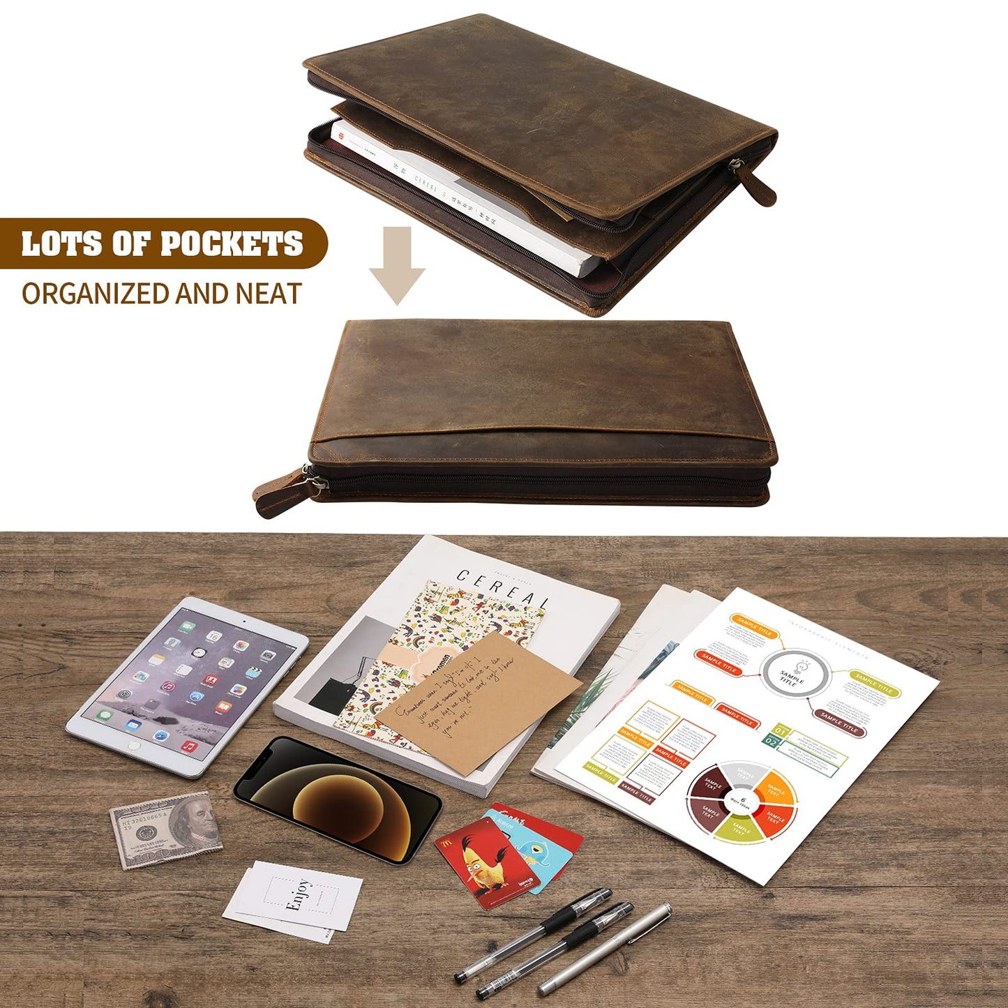 Ringsun Genuine Leather Portfolio with Zipper, Business Organizer for A4/Pad/Phone, Brown, RS63