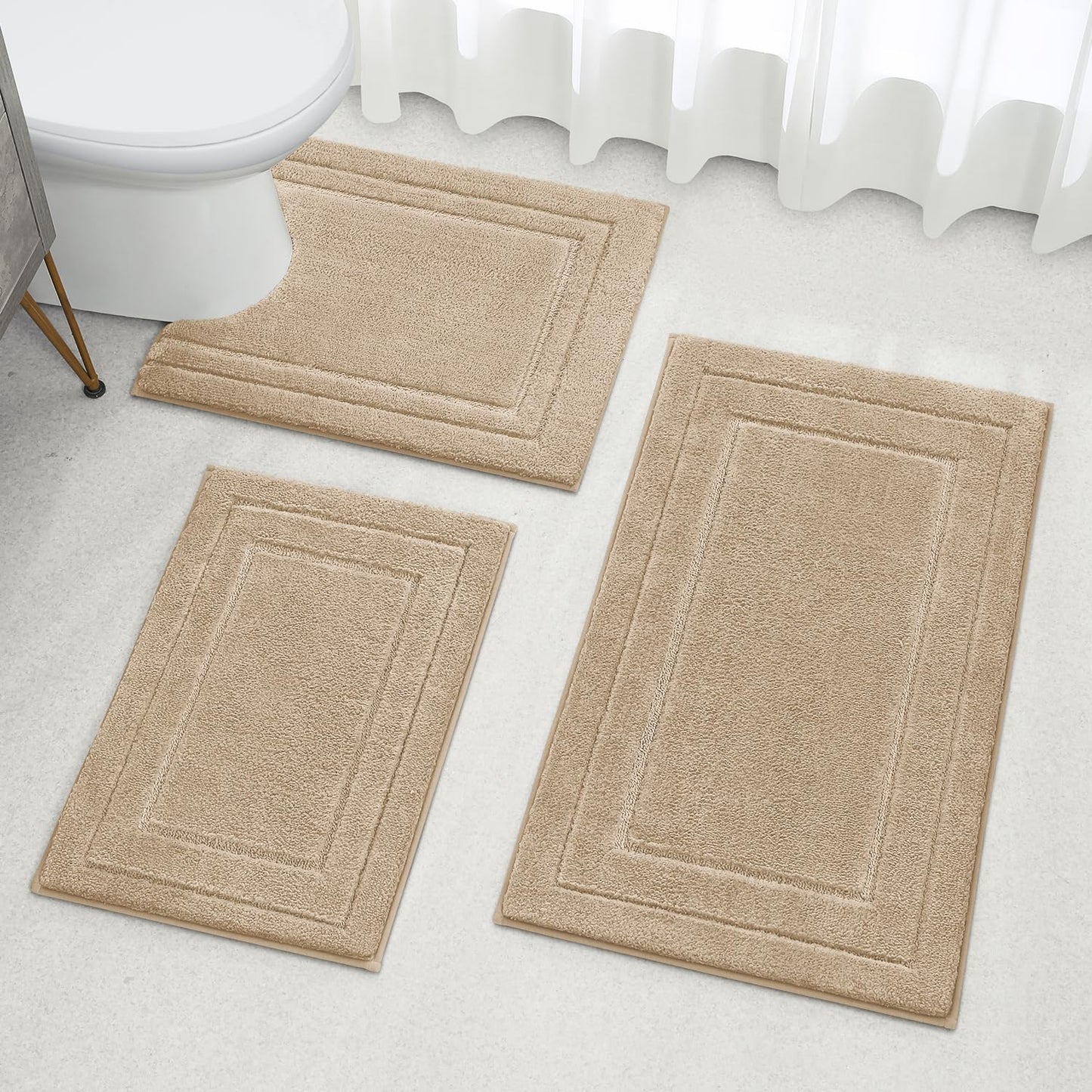 HOMEIDEAS Bathroom Rugs Sets 3 Piece, Super Soft and Absorbent Non Slip Microfiber Toilet Bath Mat with U-Shaped for Bathroom, Farmhouse (Khaki)