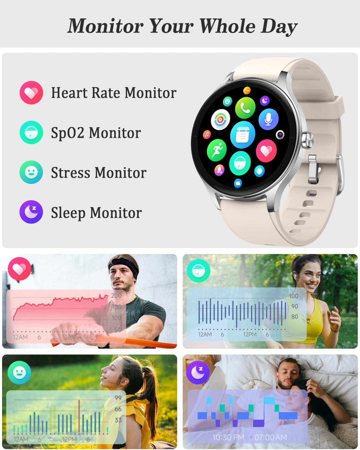 ZOSKVEE Smart Watch, 41mm Fitness Tracker, Answer/Make Calls, Digital Smartwatch with Heart Rate/Stress/Sleep Monitor, AI Voice, IP68 Waterproof Watch Calculator, Calendar, Games for Lady Women & Men
