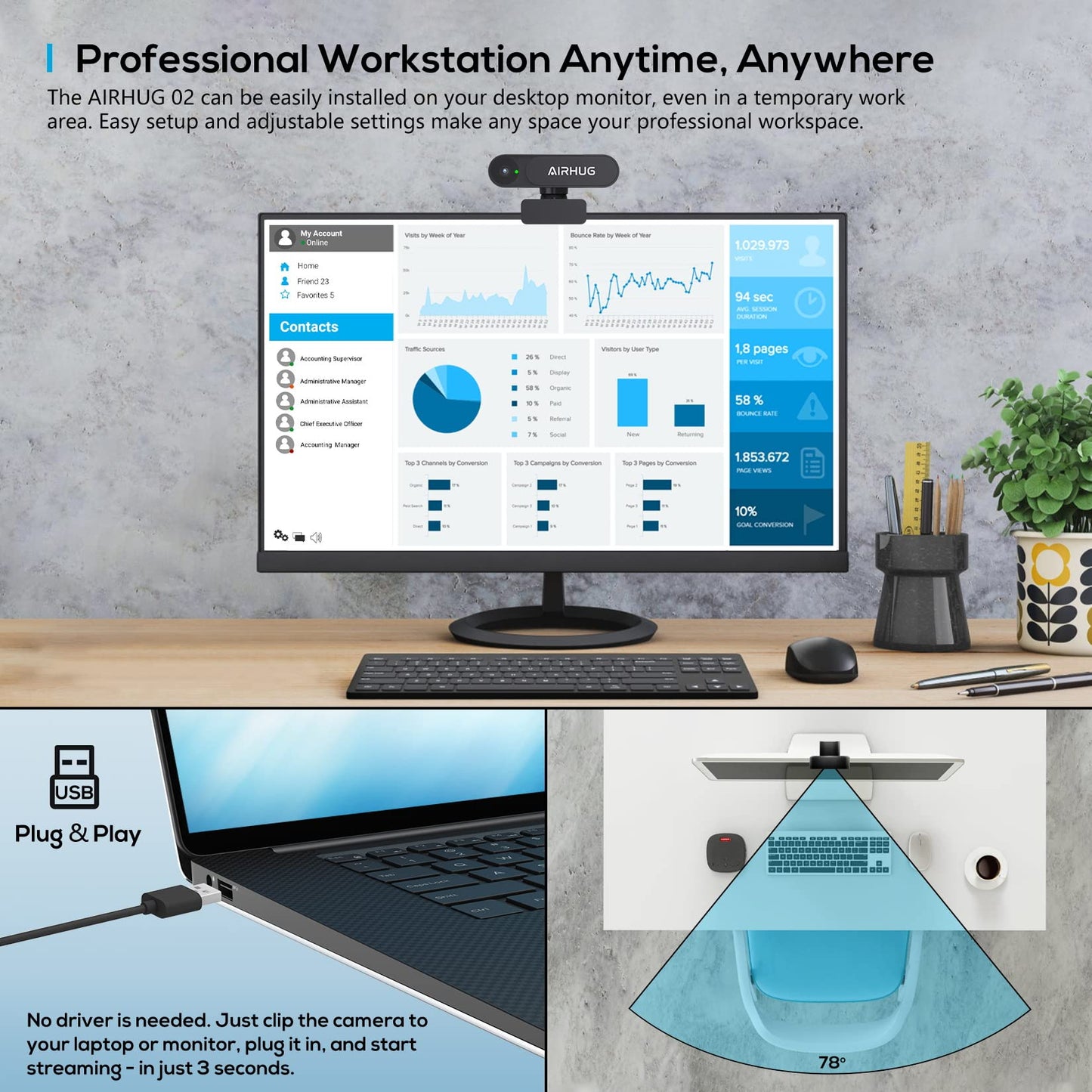 Webcam No Mic with Privacy Cover, USB Web Cam for Computer and Laptop Plug & Play, Web Camera Without Audio, 78° Wide-Angle,for Streaming and Conferencing (2K Webcam No Mic)