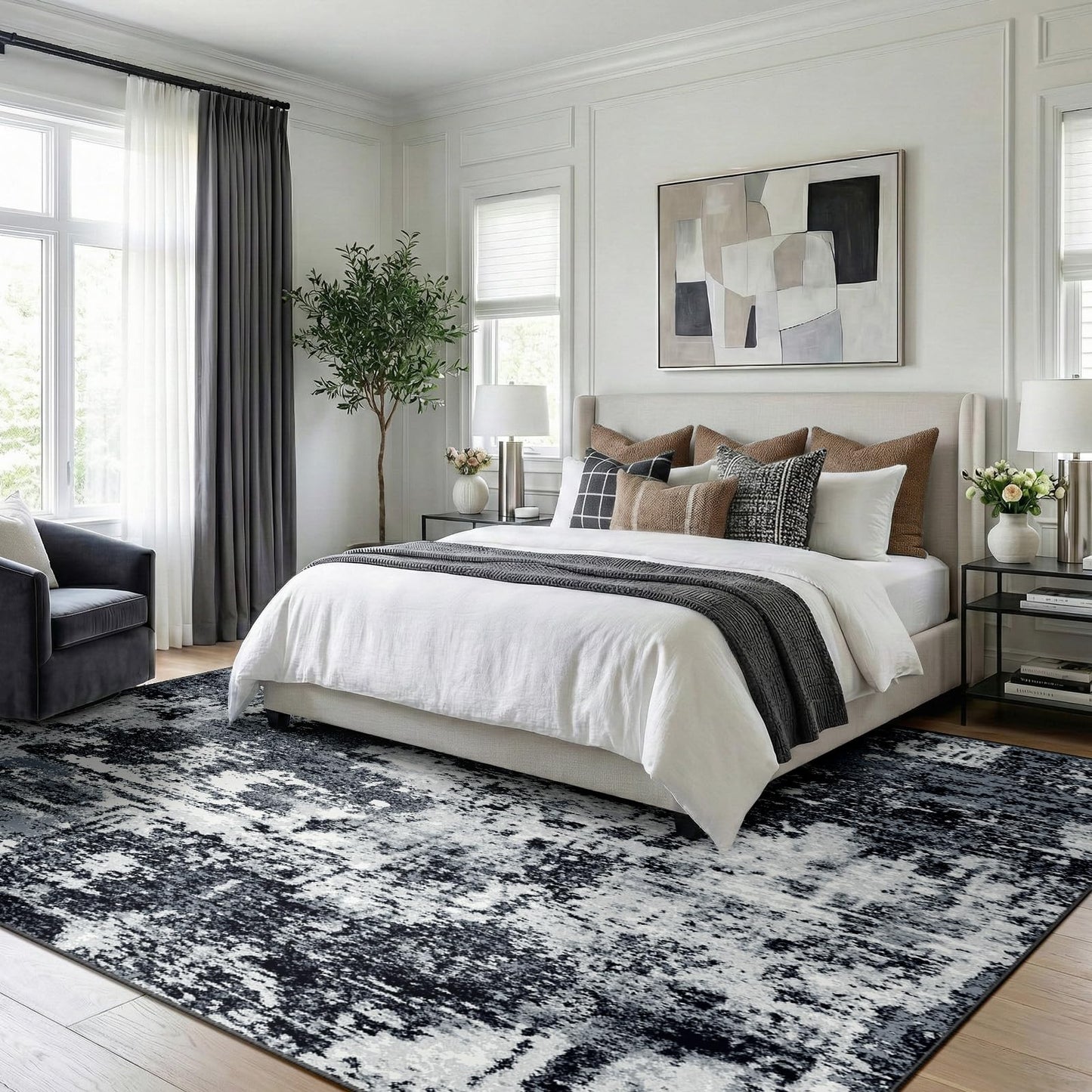 RELEANY Washable Area Rugs 5'x7' Non-Slip Modern Abstract Soft for Living Room Entryway Bedroom Nursery, Print Pattern, Black Navy Blue Gray