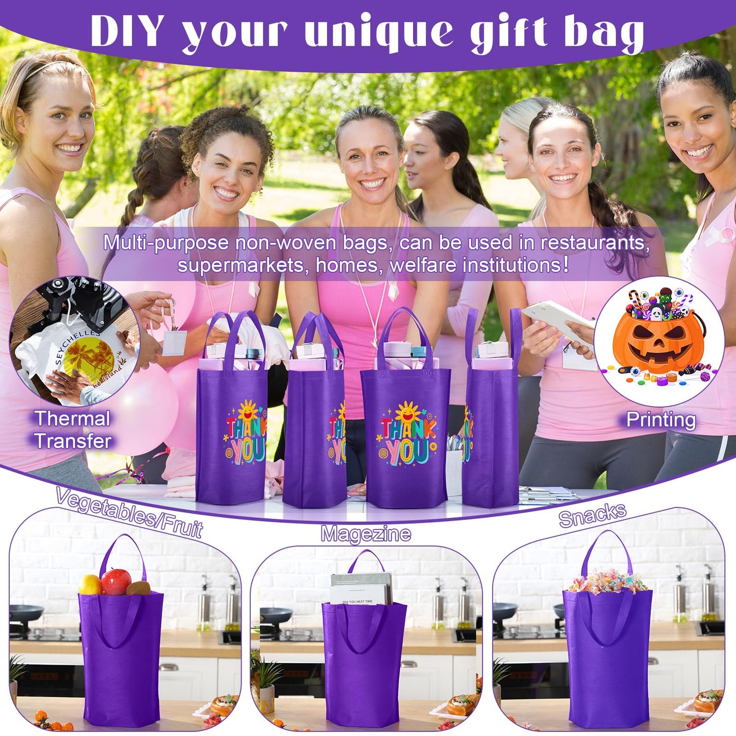 Windyun Reusable Grocery Bags Large Non Woven Shopping Bags with Handle Foldable Portable Tote Carryall Bulk 11.8x6x13.8 Inch(200 Pcs,Purple)