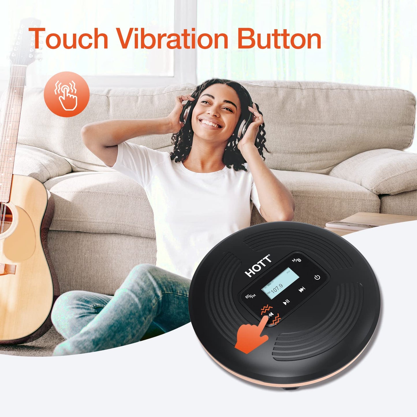 HOTT Portable CD Player with Bluetooth and FM Transmitter,Portable CD Walkman with Touch Buttons Backlight,Rechargeable Discman Player with AUX Cable,CD Player Shockproof for Car CD903TF