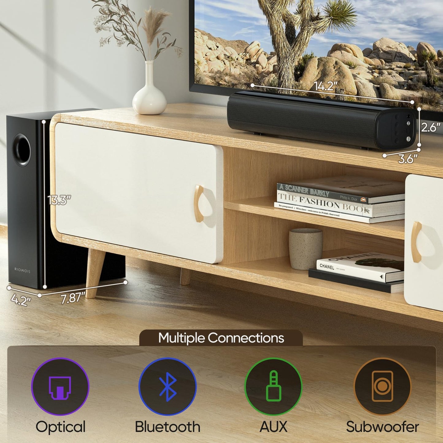 RIOWOIS Sound Bars for Smart TV with Subwoofer, 2.1 Deep Bass Small Soundbar Home Theater Surround System Speaker with 4 Inch Subwoofer, Bluetooth/Optical/AUX Connection, Compact Soundbar for TV