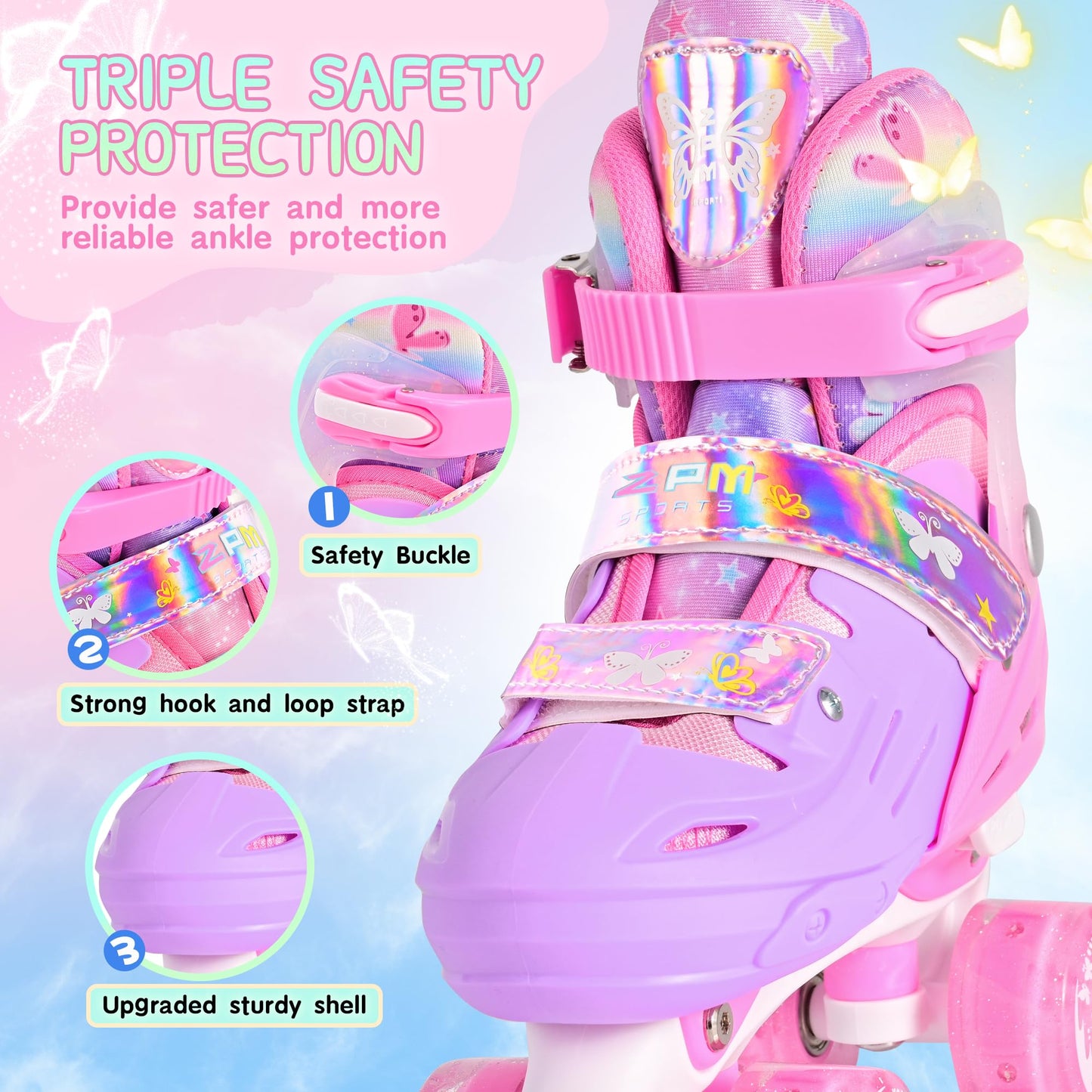 2PM SPORTS Roller Skates Girls Ages 5-8 8-12 3-5 4-7 6-12 with Light Up Wheels, Outdoor Indoor Girls Rollerskates for Kids Beginner Size 10C 11C 12C 13C 1 2 3 4 5 6 Pink Butterfly
