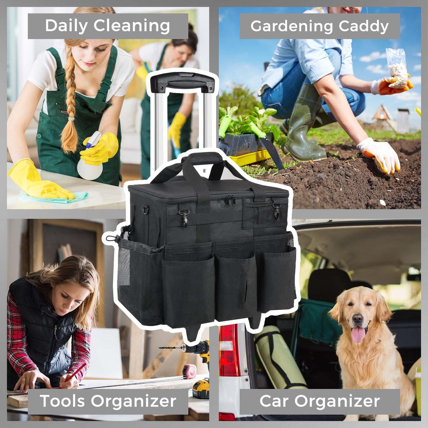 SCAVATA Rolling Cleaning Caddy Bag with Detachable Trolley, Large Cleaning Supplies Organizer with Wheels, Multi Pocket Cleaning Cart with Adjustable Shoulder Strap for Housekeepers & Home Use, Black