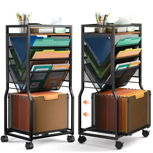 DAOUTIME 8 Tier Rolling File Cart with Hanging File Folder Organizer, Mobile File Organizer with 2 Sides Access Bookcase, Beside/Under Desk Cart with Wheels for Office Home School
