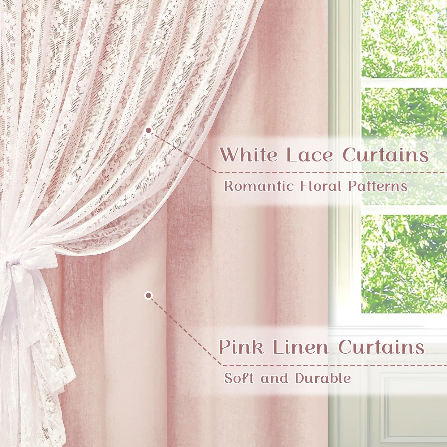 ASPMIZ Linen Pink Curtains for Bedroom, Double Layered Curtain 84 Inch Length 2 Panels Set, Farmhouse Rod Pocket Curtains & Drapes with Tiebacks, Light Filtering Curtain for Living Room, 52 x 84 Inch