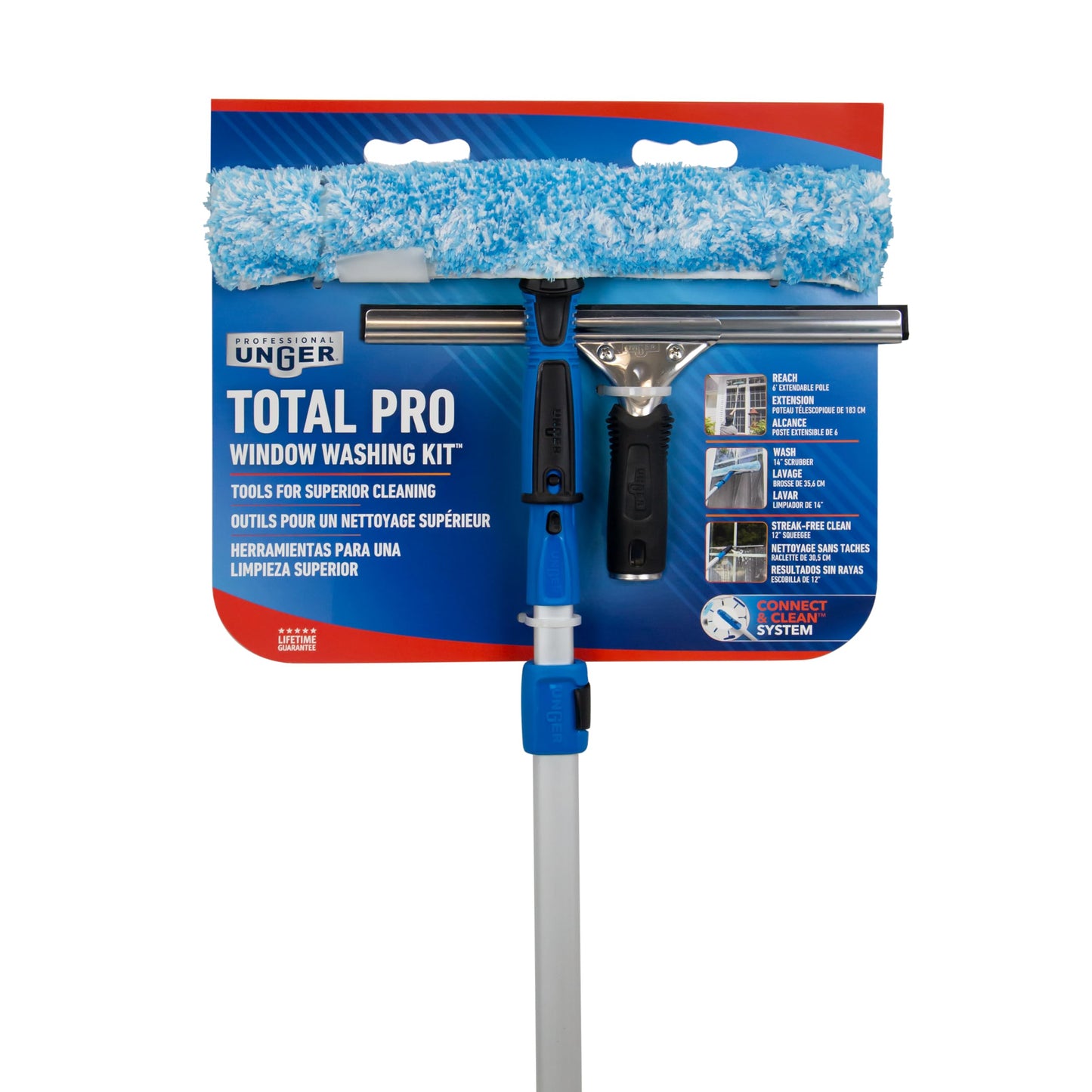 Unger Professional Connect and Clean Total Pro Cleaning Kit, All-in-One Household Window Washing with Streak-Free Results, Includes 12” Squeegee, 14” Scrubber Washer, Telescopic Pole Extends Up to 6’