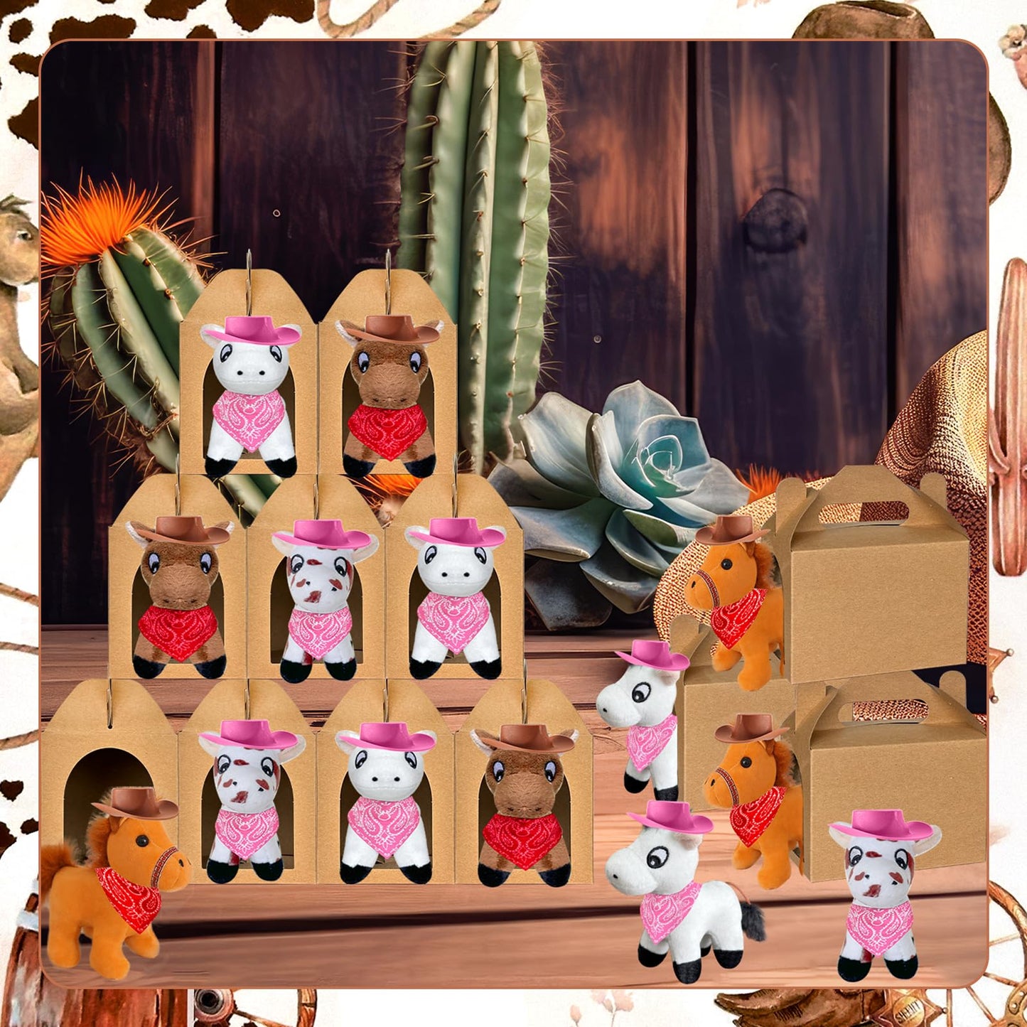 Jiytivity 48 Pcs Adopt a Horse Animal Party Favors Include 12 Mini Stuffed Horse 12 Boxes 12 Hats 12 Scarves for Adopt a Grassland Animal Party Favor Pet Birthday Supply Gifts