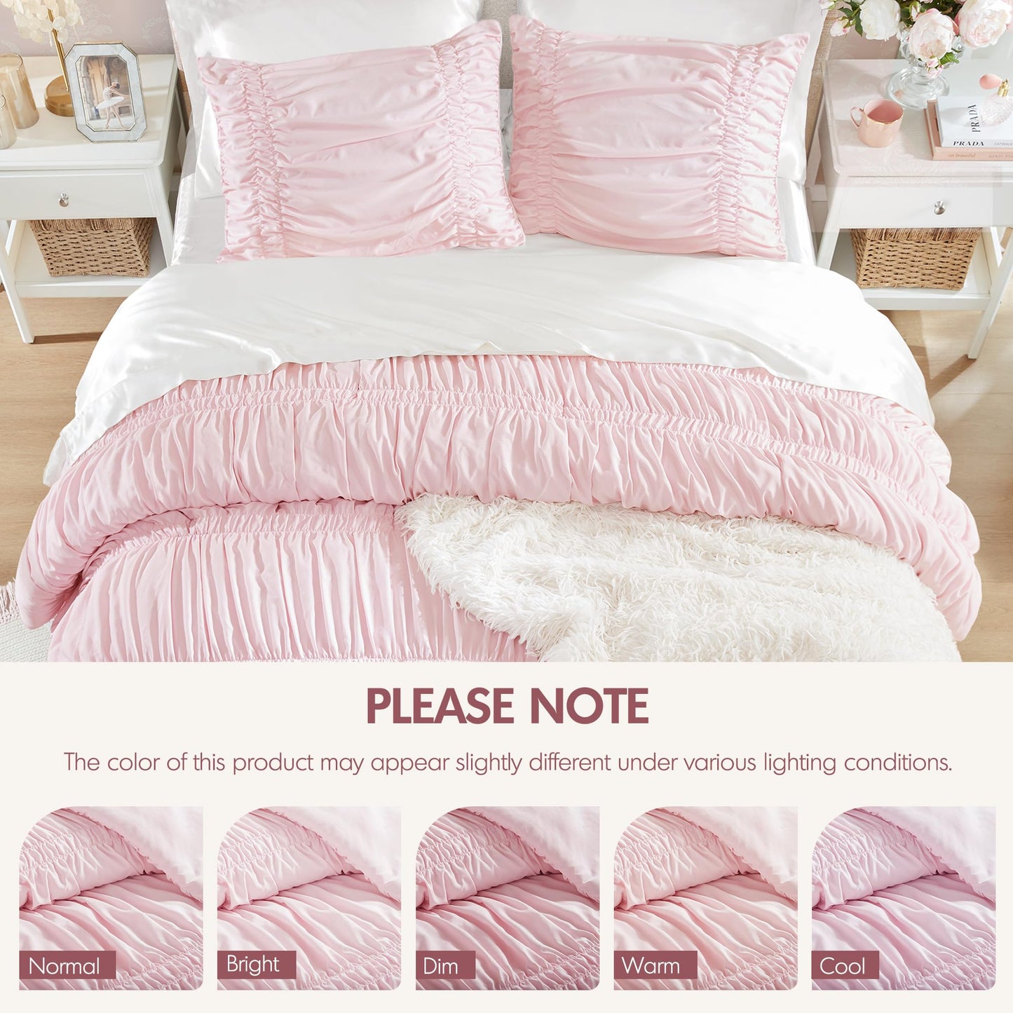 Intelligent Design Queen Comforter Set Ruched Shabby Chic Comforters for Queen Size Bed, All Season Lightweight Comforter Queen, French Country Bedding Set, Shams, Ella, Full/Queen, Pink 3 Piece