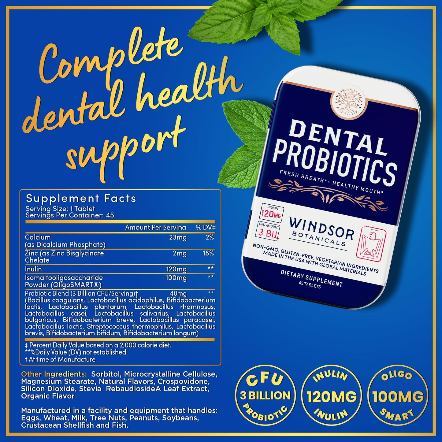 Dental Probiotics for Teeth and Gums - Oral Probiotics for Mouth Bad Breath - 3BN CFU Lactobacillus Salivarius Tablets Paracasei Rhamnosus Streptococcus - 90 Chewable Dental Probiotic in Travel Tins
