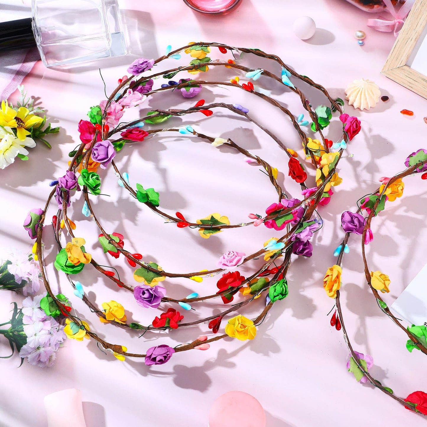 Syhood 40 Pcs LED Flower Headband, Light up Flower Crown Garland Headdress Floral Headpiece for Women Hair Accessories Valentine's Day Holiday Birthday Wedding Party(Plum Blossom Style)