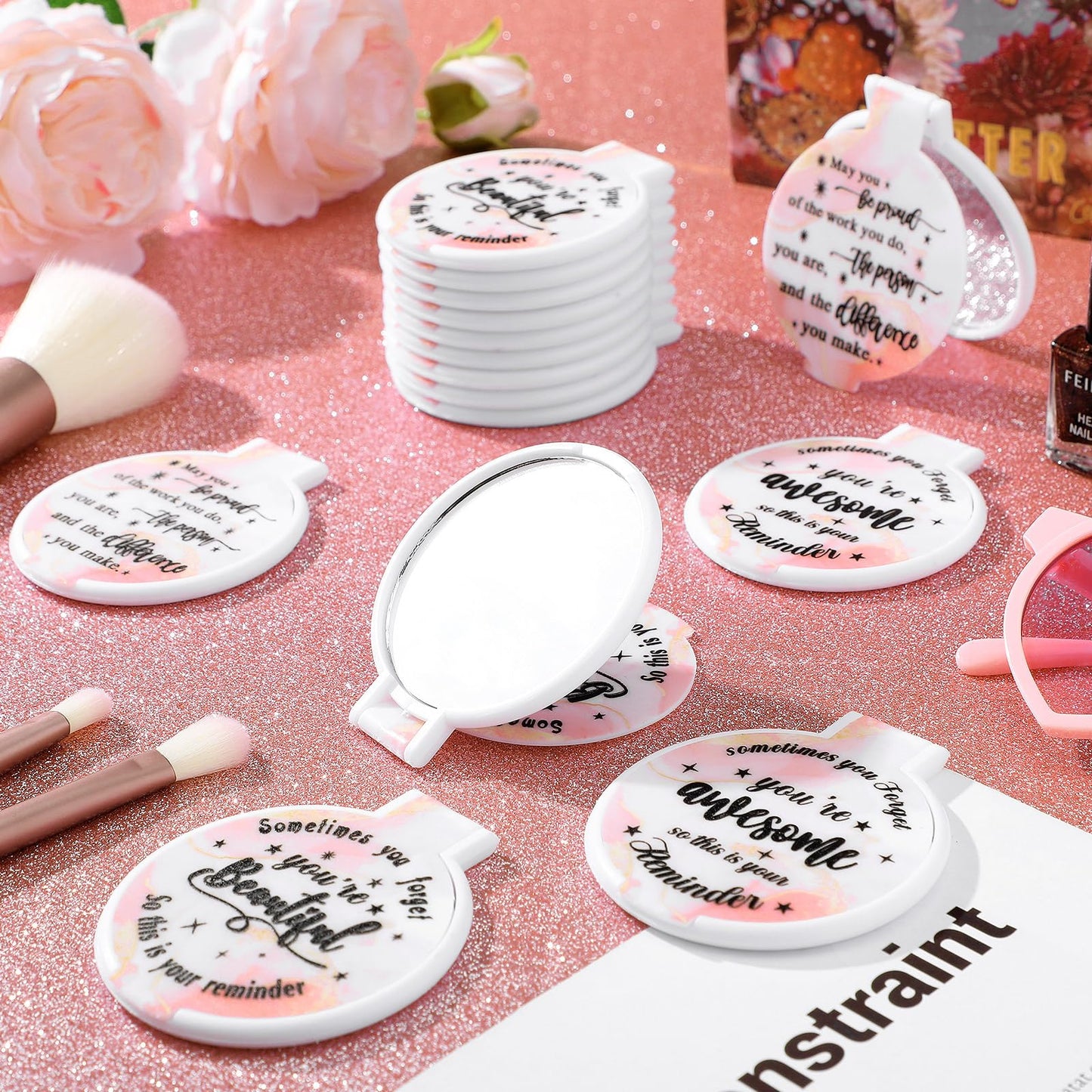 Wenqik 100 Pcs Compact Mirror Bulk Pink Gifts for Women Valentine Small Inspirational Pocket Purse Handheld Mirror Portable Round Makeup Folding Appreciation Gift for Christmas Daily Travel Coworker