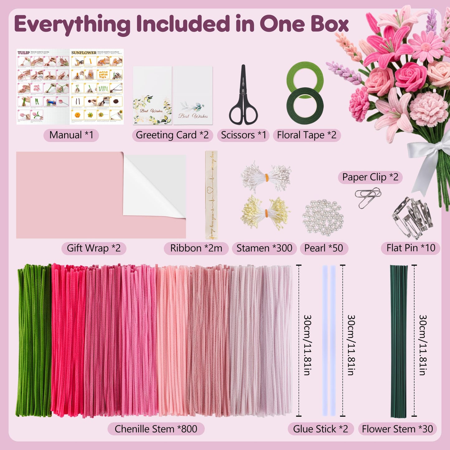 EARLY MINDS 800Pcs Pipe Cleaner Flower Bouquet Kit, 8 Colors Romantic Pink Chenille Stems Craft Set with Floral Tape, Flower Stems, Gift Wrap & More, DIY Bouquet Gift for Adults