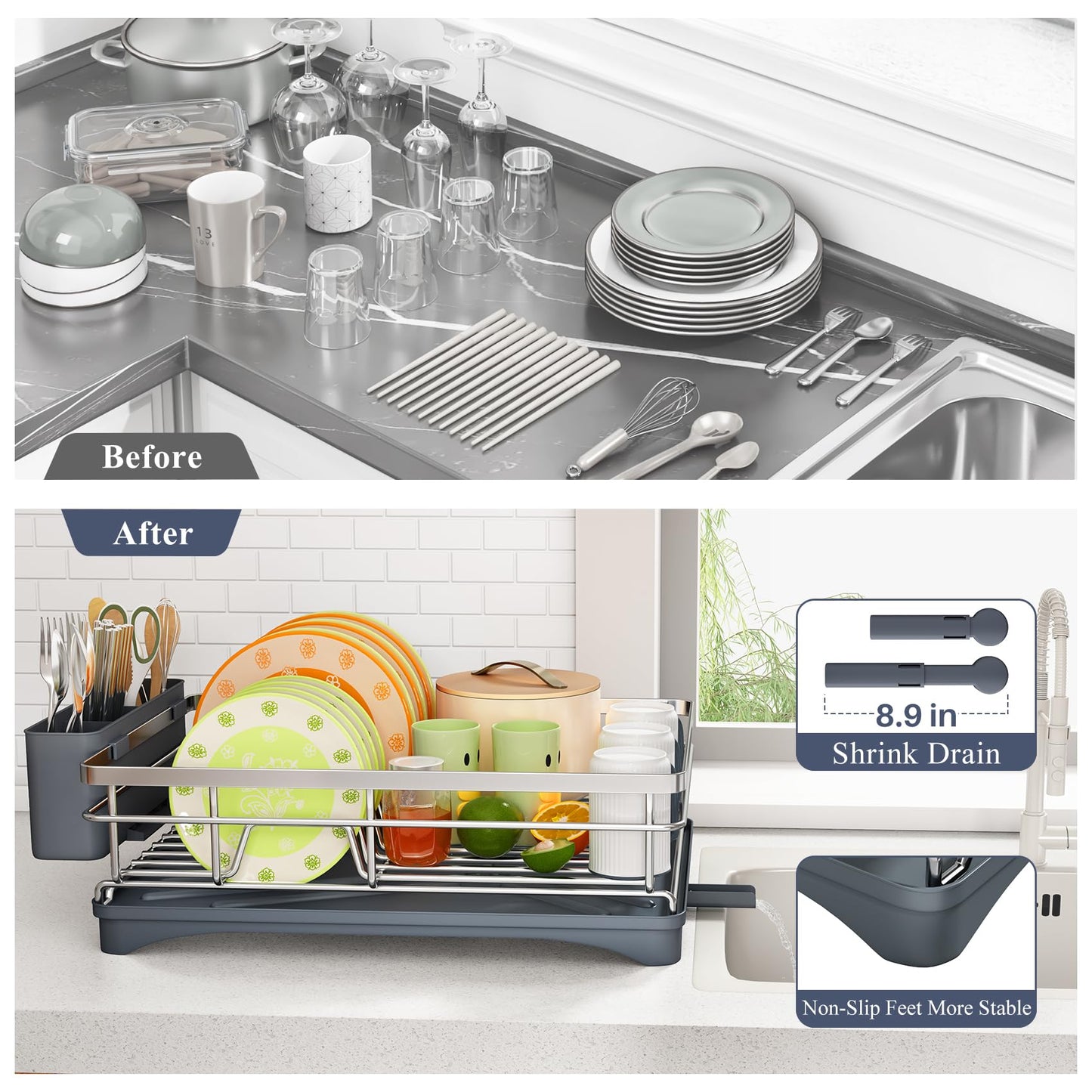 Dish Drying Rack - Stainless Steel Dish Rack for Kitchen Counter, Large-Capacity Dish Drainer with Cutlery Holder, Kitchen Organizer for Dishes, Spoons and Forks, Silver