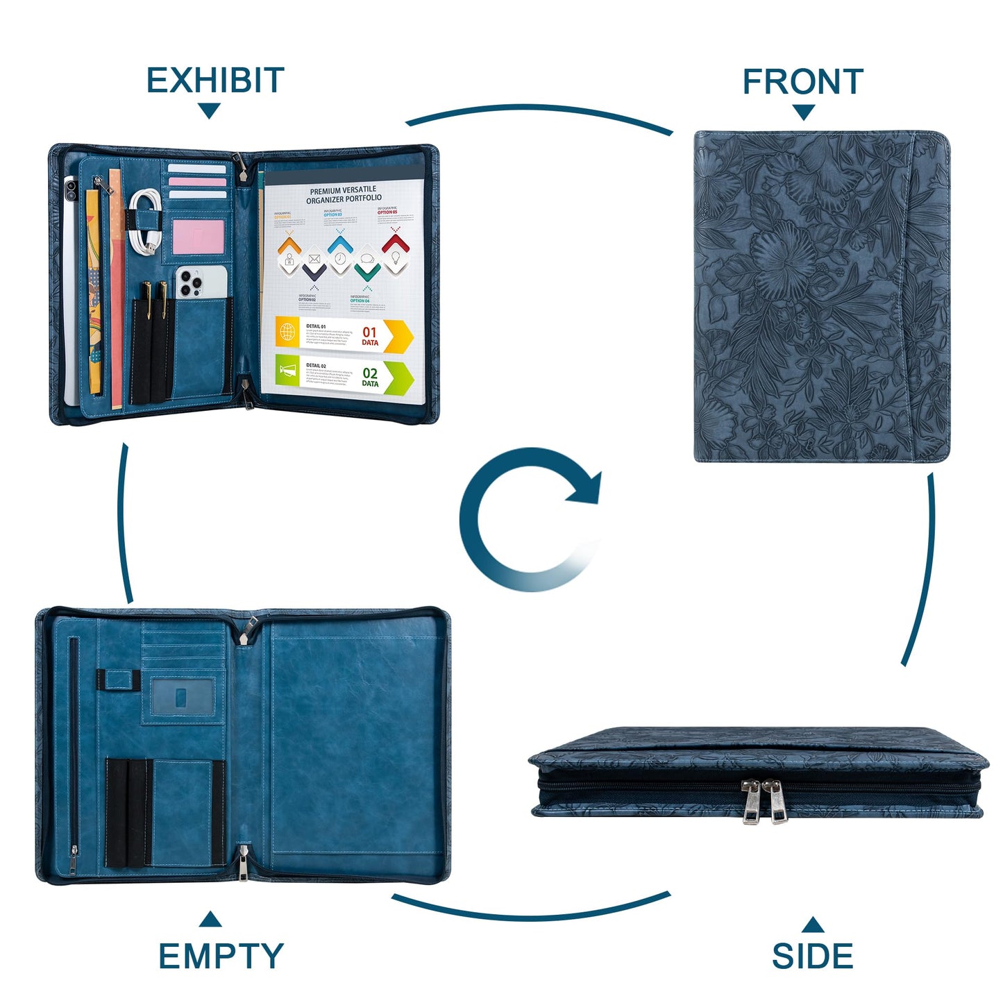 SUCCEWISHER Embossed Vegan Leather Portfolio for Women,Professional Organize Padfolio with A4 Notepad Holder,Professional Business Document Organizer for Women (Blue)