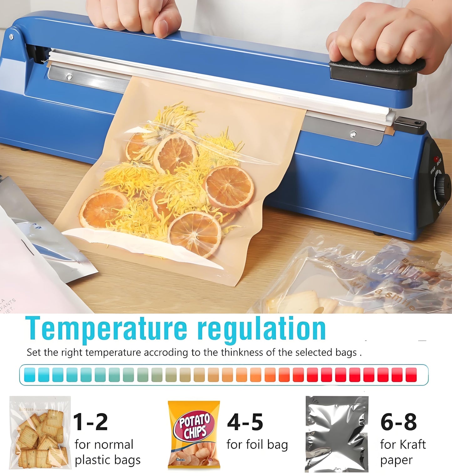Impulse Sealer 16 inch Manual Heat Sealer Machine with Adjustable Heating Mode, ABS Shrink Wrap Bag Sealers for Plastic PE PP Bags, Portable Poly Bag Sealing Machine with Extra Replace Kit (blue)