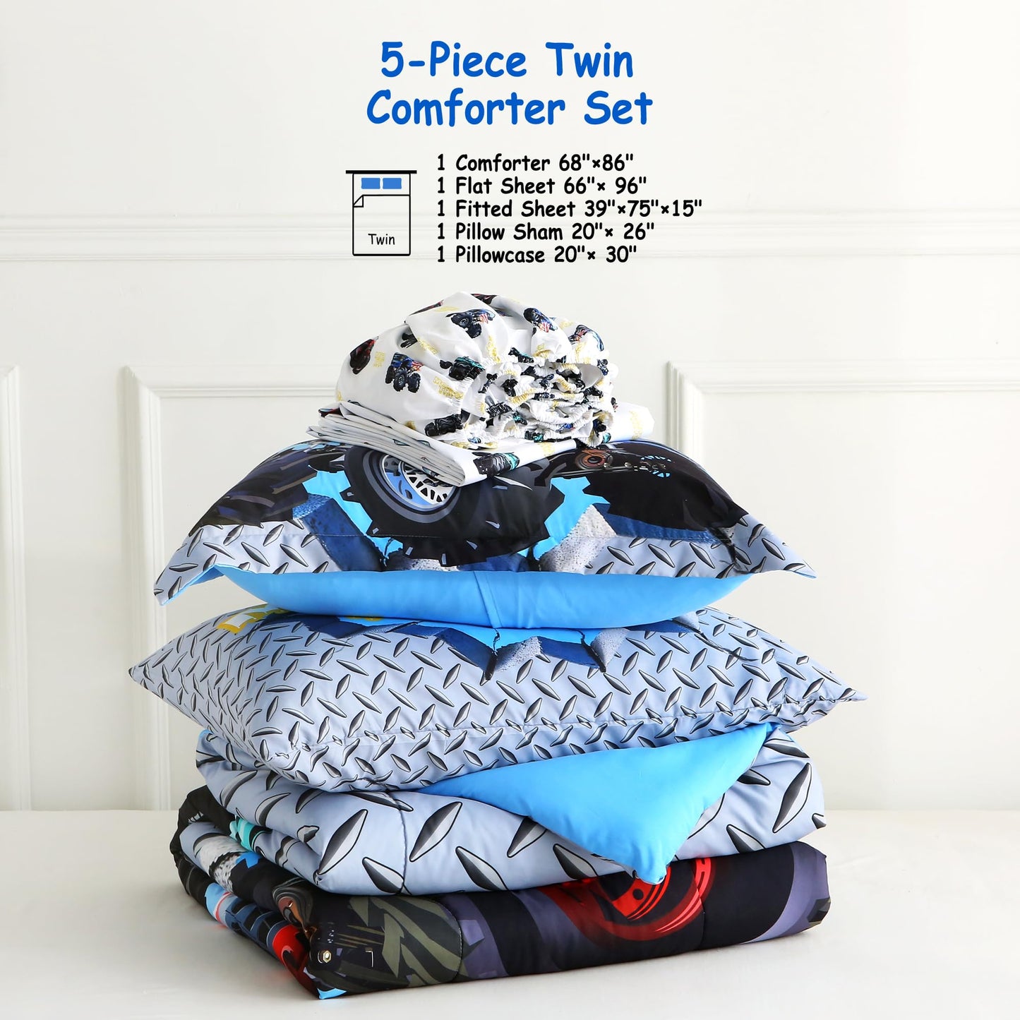 lasoftan Kids' Monster Truck Twin Comforter Set, 5-Piece Soft Fluffy Bed-in-a-Bag with Comforter, Fitted Sheet, Flat Sheet, Pillowcase, Pillow Sham, Deep Pocket 15", All-Season, Monster Jam, Twin