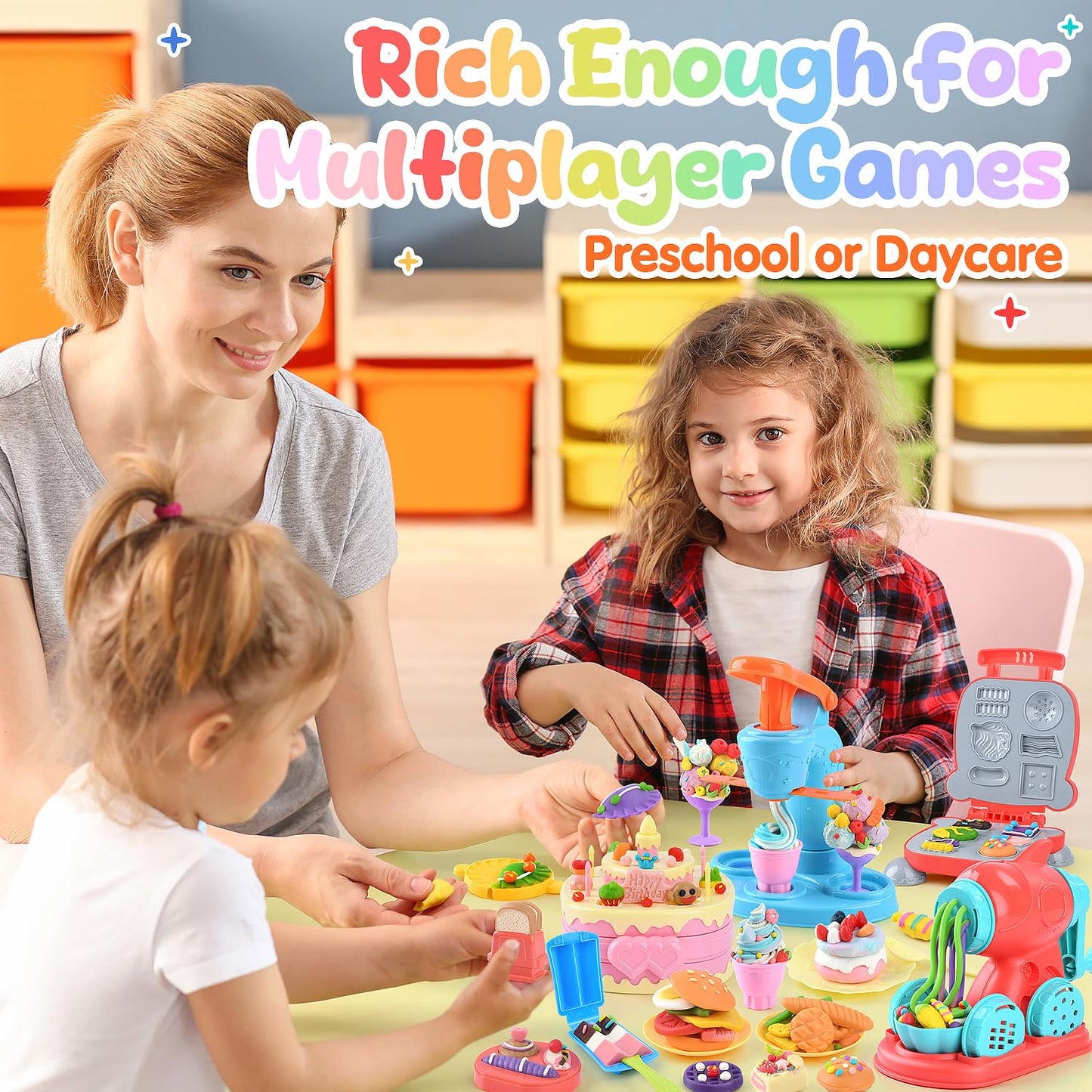 4 in 1 Color Dough Set Kitchen Creations with Ice Cream/Cake/Noodle/Hamburger Maker Machine, Arts Crafts Play Food Toys Tools Kit for Boys Girls Kids Toddlers Ages 3+ , 24 Dough