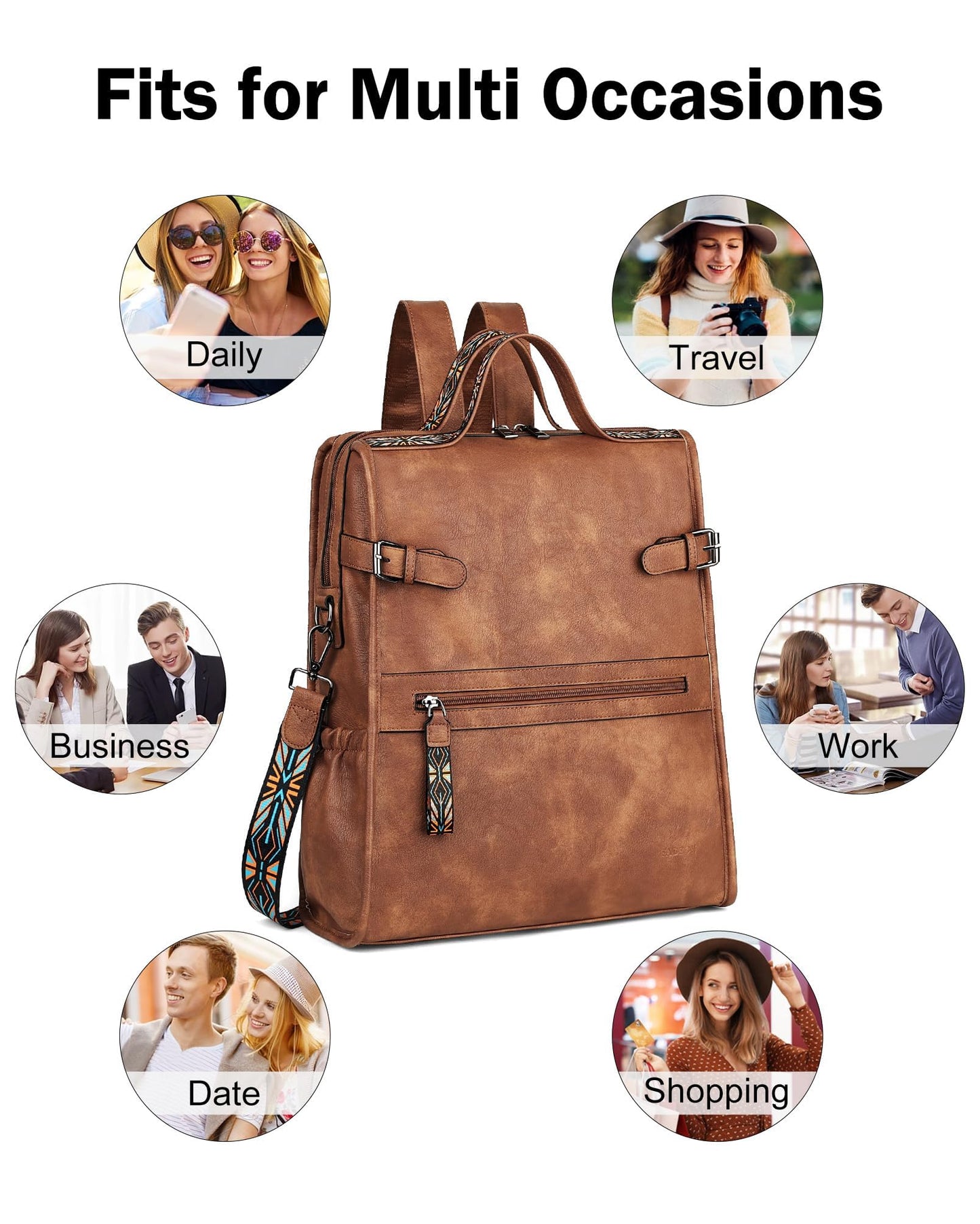 FADEON Leather Laptop Backpack for Women, Designer Ladies Work Travel Computer Backpack with Laptop Compartment Purse Brown