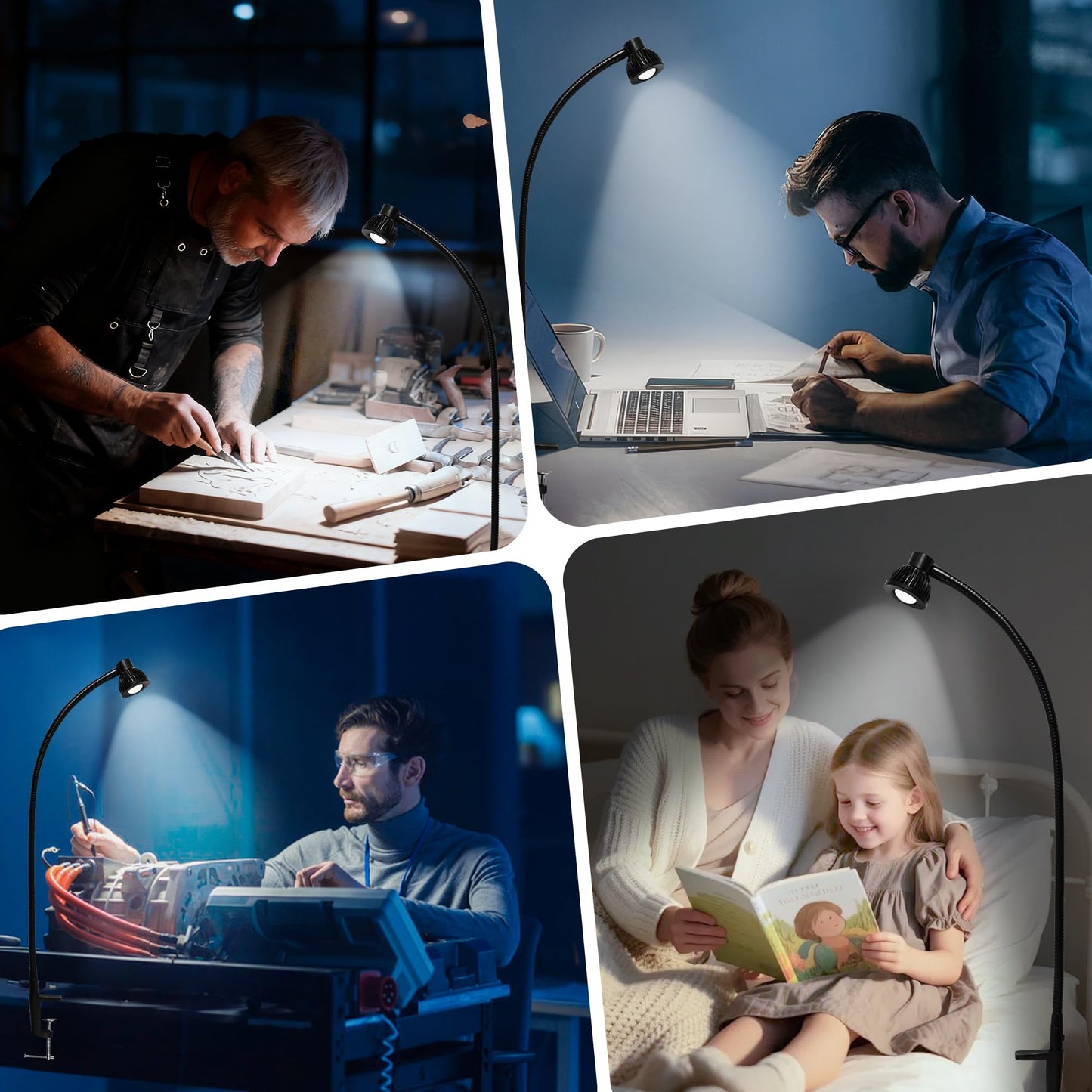 Hersi 5w 30‘’Long Swing Arm 110v/220v Desk Lamp Metal Architect LED Task Light with Clamp, Adjustable Folding Twin-Arm Clip-on Table Lamp,Black