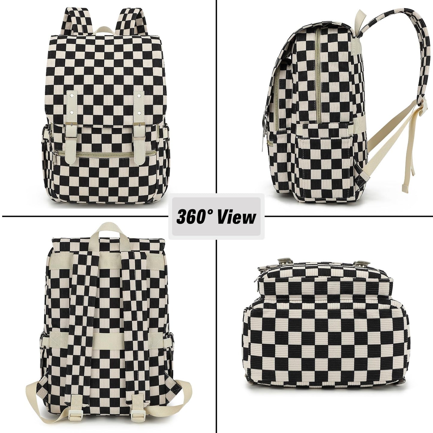 Dezcrab Corduroy Travel Backpack for Women, 15.6 Inch College Laptop Backpack, Fashion School Bookbag Work Backpacks (Corduroy Checkered Black)