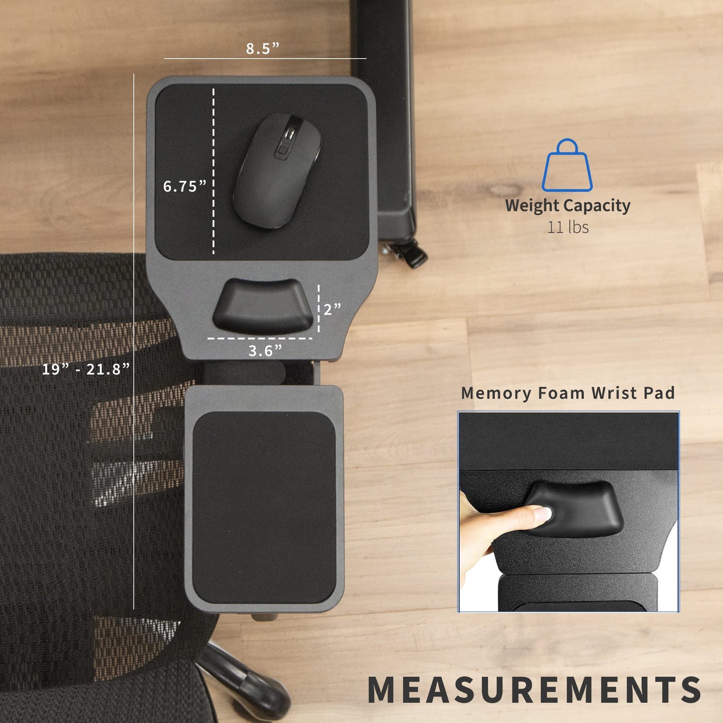 VIVO Wood Adjustable Length Arm Rest Mouse Pad with Wrist Cushion, Extension Platform Tray, Attaches to Chair with Straps, Black, MOUNT-MS02D