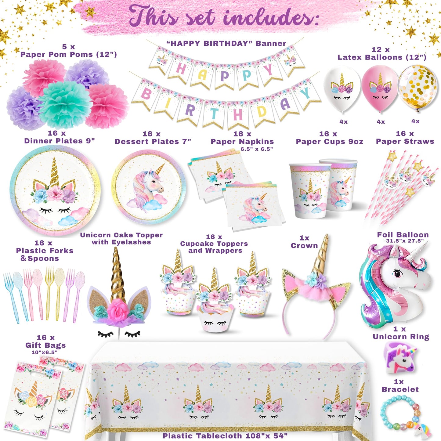 152 Pc Premium Unicorn Birthday Decorations Set for Girls – Complete Unicorn Party Decorations Supplies Kit with Plates, Cups, Napkins, Balloons, Banner, Headband – Magical Rainbow Party for Kids