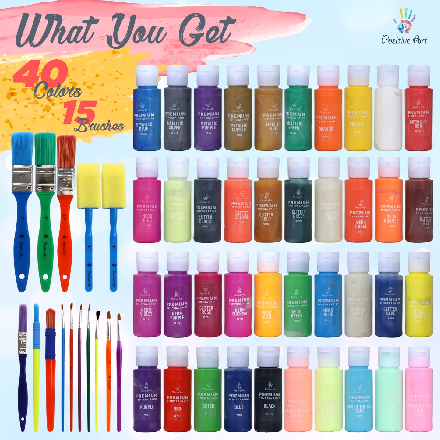 Kids Tempera Paint Set | Value Pack Includes 40 Washable Non-Toxic Colorful Paints (2oz bottles) & 15 Brushes | Metallic, Neon, Glow In The Dark, Glitter Paints | Hand, Finger Paints | Paint For Arts & Crafts, Fun Projects