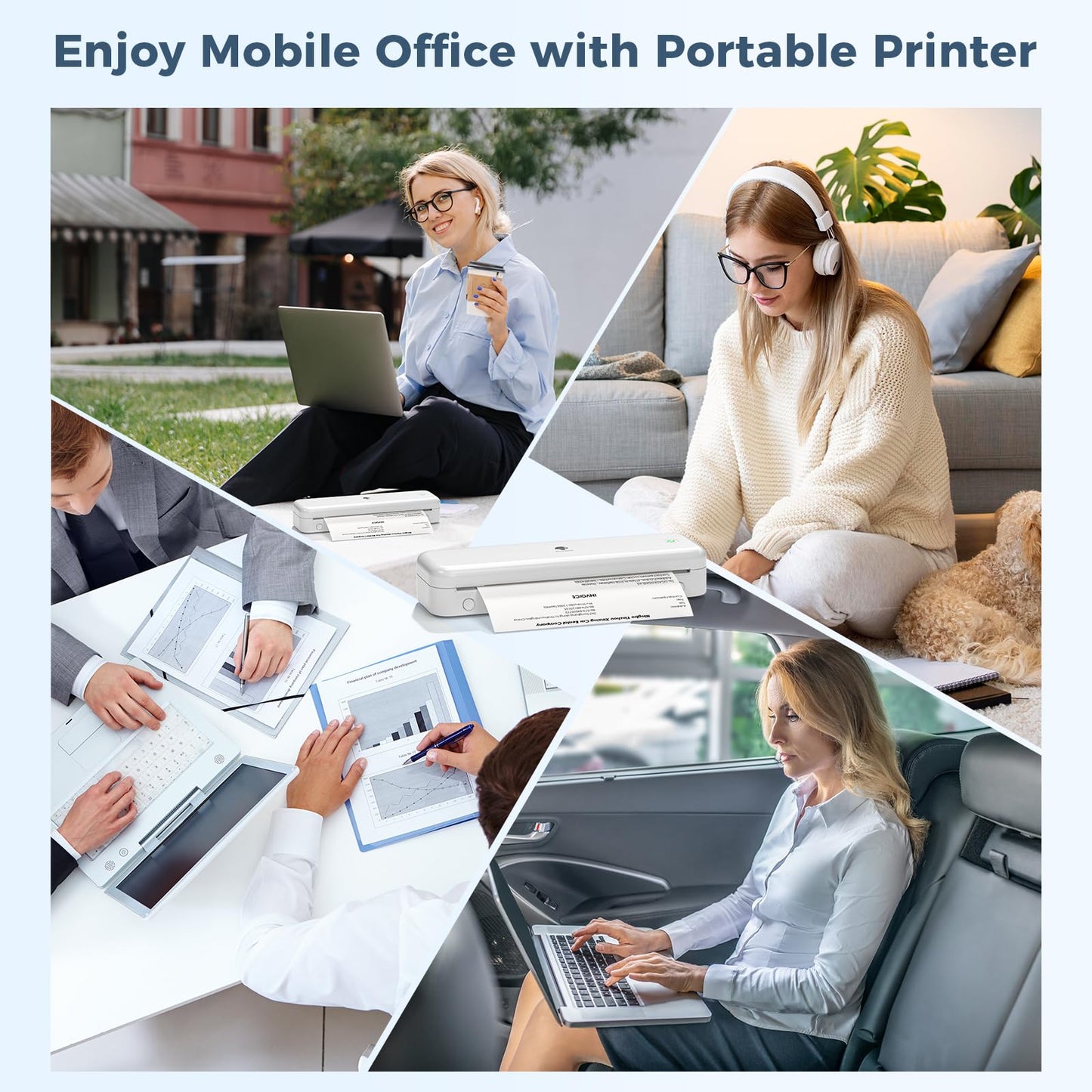 Phomemo Portable Printer, Wireless Bluetooth Thermal Printers, Support 8.5" x 11" and A4 Szie Thermal Paper, Compatible with iOS, Android & PC, Mobile Printer for Travel, Office, School, White