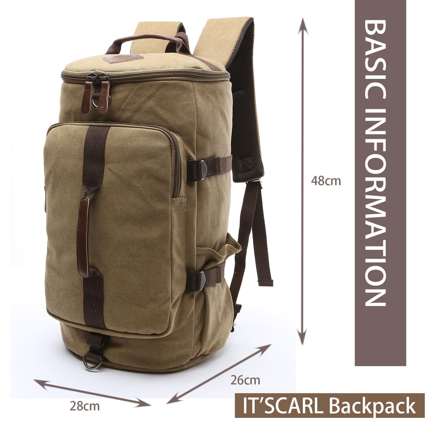 IT'SCARL Large backpack for men,Travel backpack,Carry on, Canvas big bag,Work back pack(khaki)